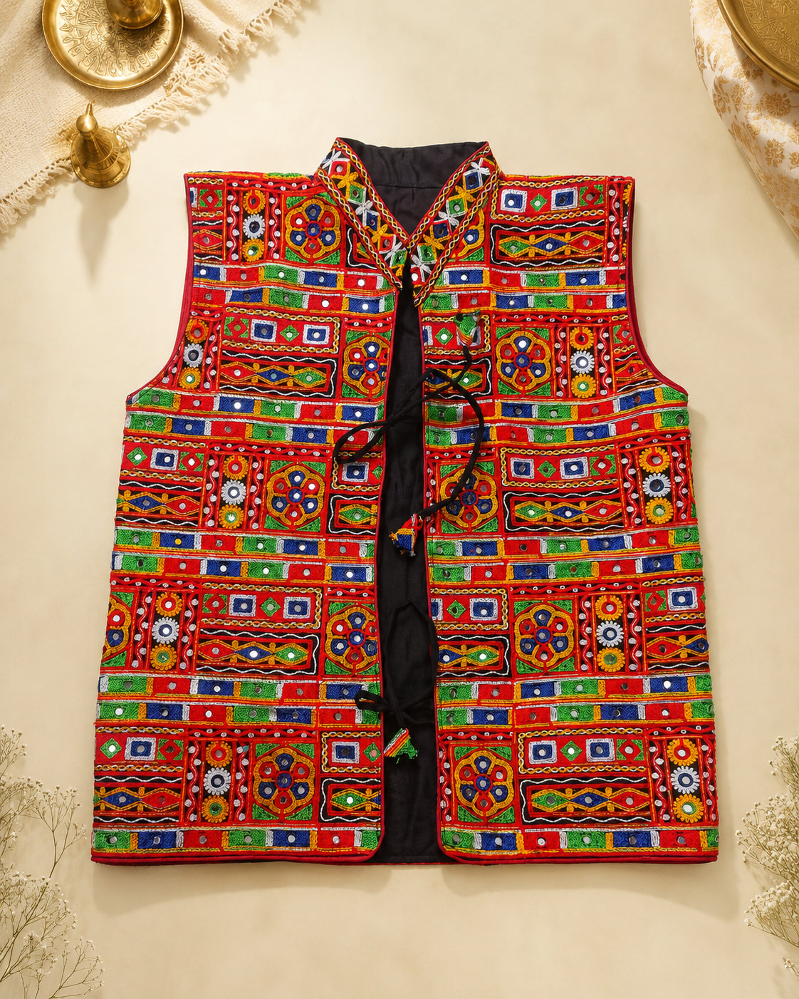 Banjara India Multicolor Kutchi Embroidered Ethnic Jacket for Men | Mirror Work Nehru Jacket | Festive & Navratri Wear (Men-Koti-04)