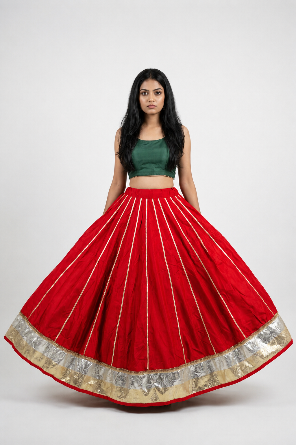 Banjara India Black Premium Rayon Kali Skirt/Chaniya – Skirt-Sona Chandi- Red
