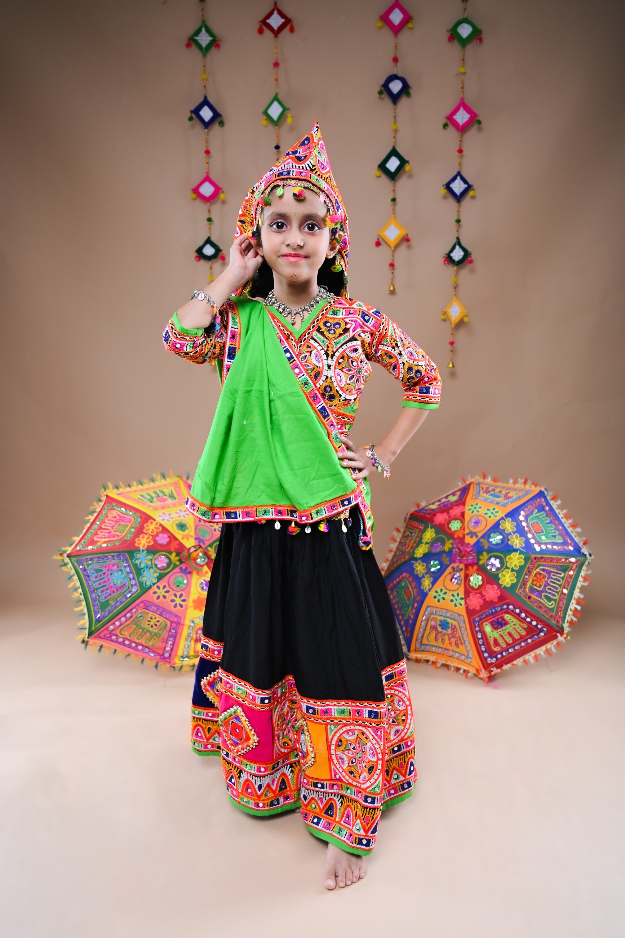Banjara India Festive Wear Kutchwork Embroidered Girls Lehenga Choli Set with Dupatta (CC-JHMK) - Black