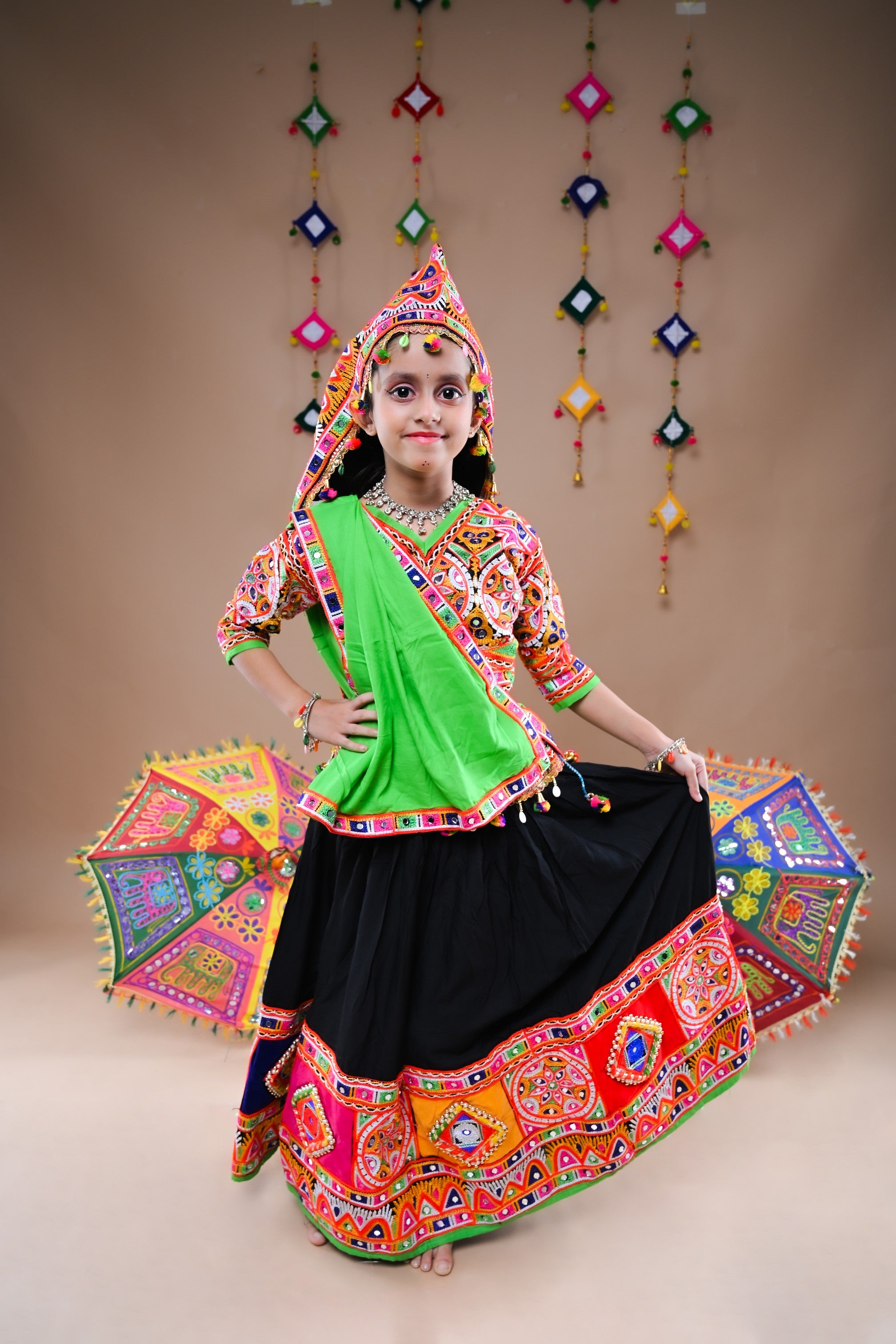 Banjara India Festive Wear Kutchwork Embroidered Girls Lehenga Choli Set with Dupatta (CC-JHMK) - Black