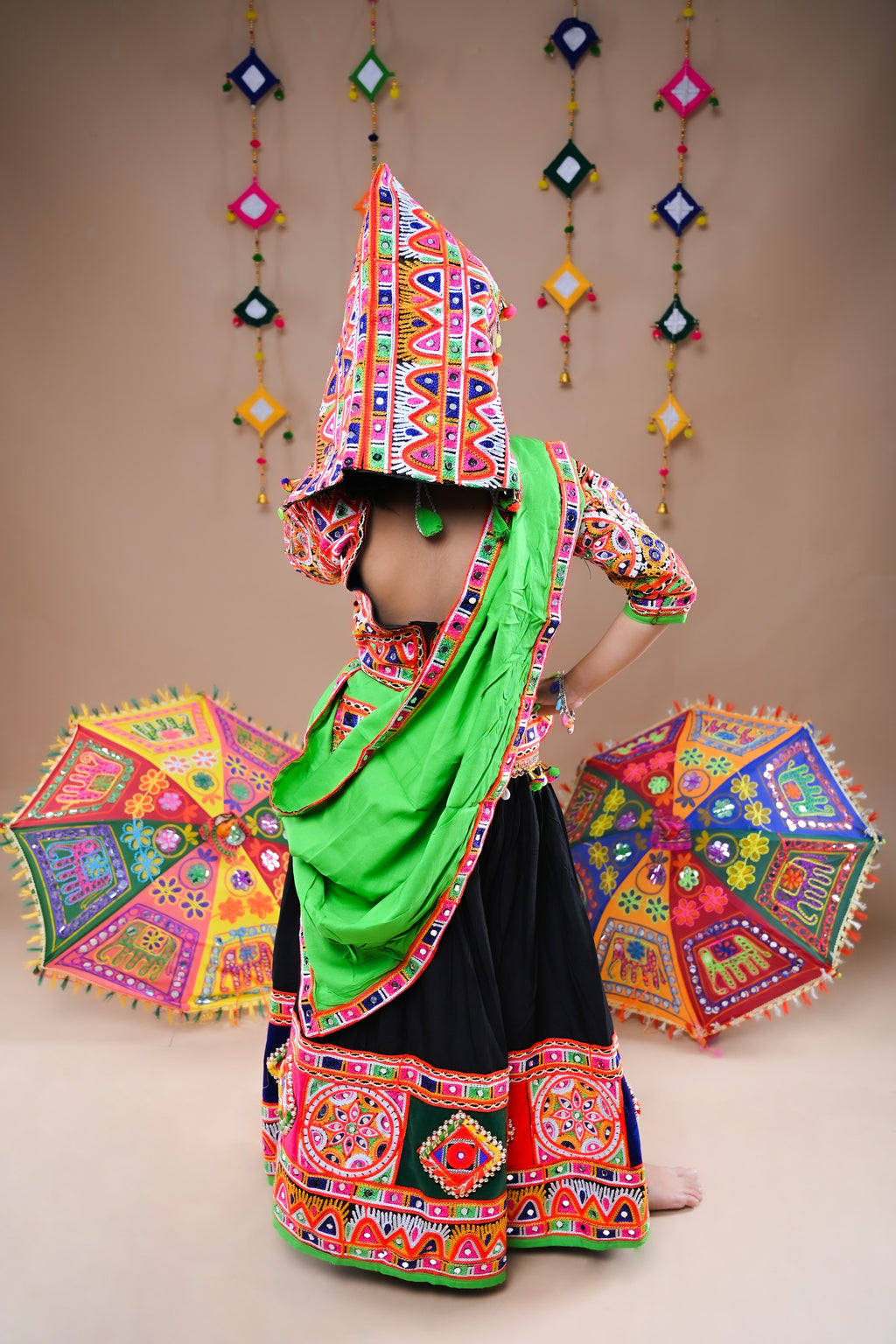 Banjara India Festive Wear Kutchwork Embroidered Girls Lehenga Choli Set with Dupatta (CC-JHMK) - Black