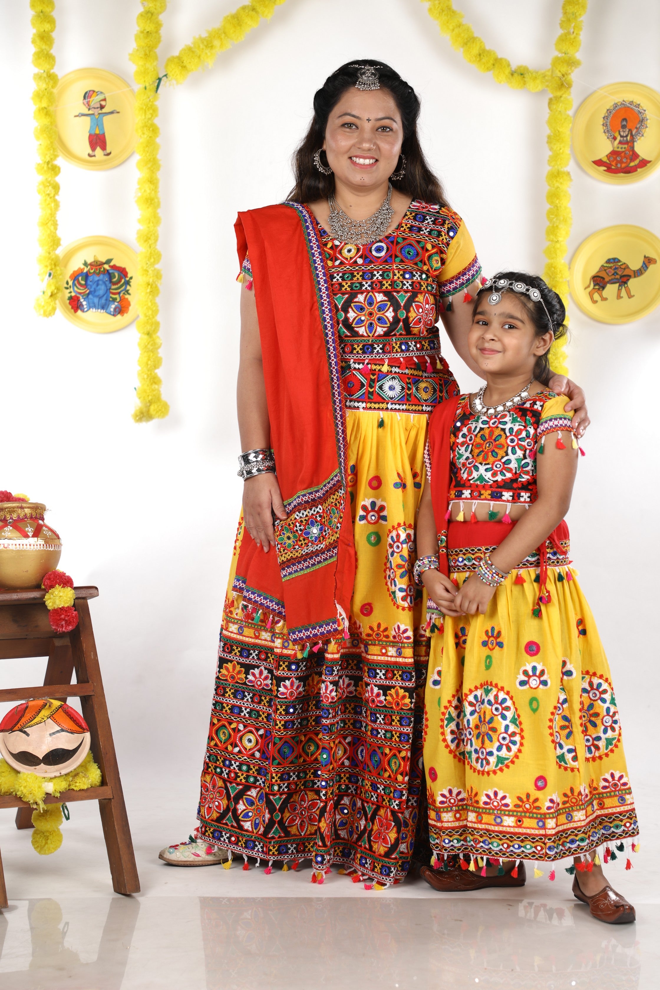 Mother-Daugther Combo Cotton Embroidered Lehenga Choli Set (RING- Combo) - Yellow