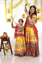 Mother-Daugther Combo Cotton Embroidered Lehenga Choli Set (RING- Combo) - Yellow