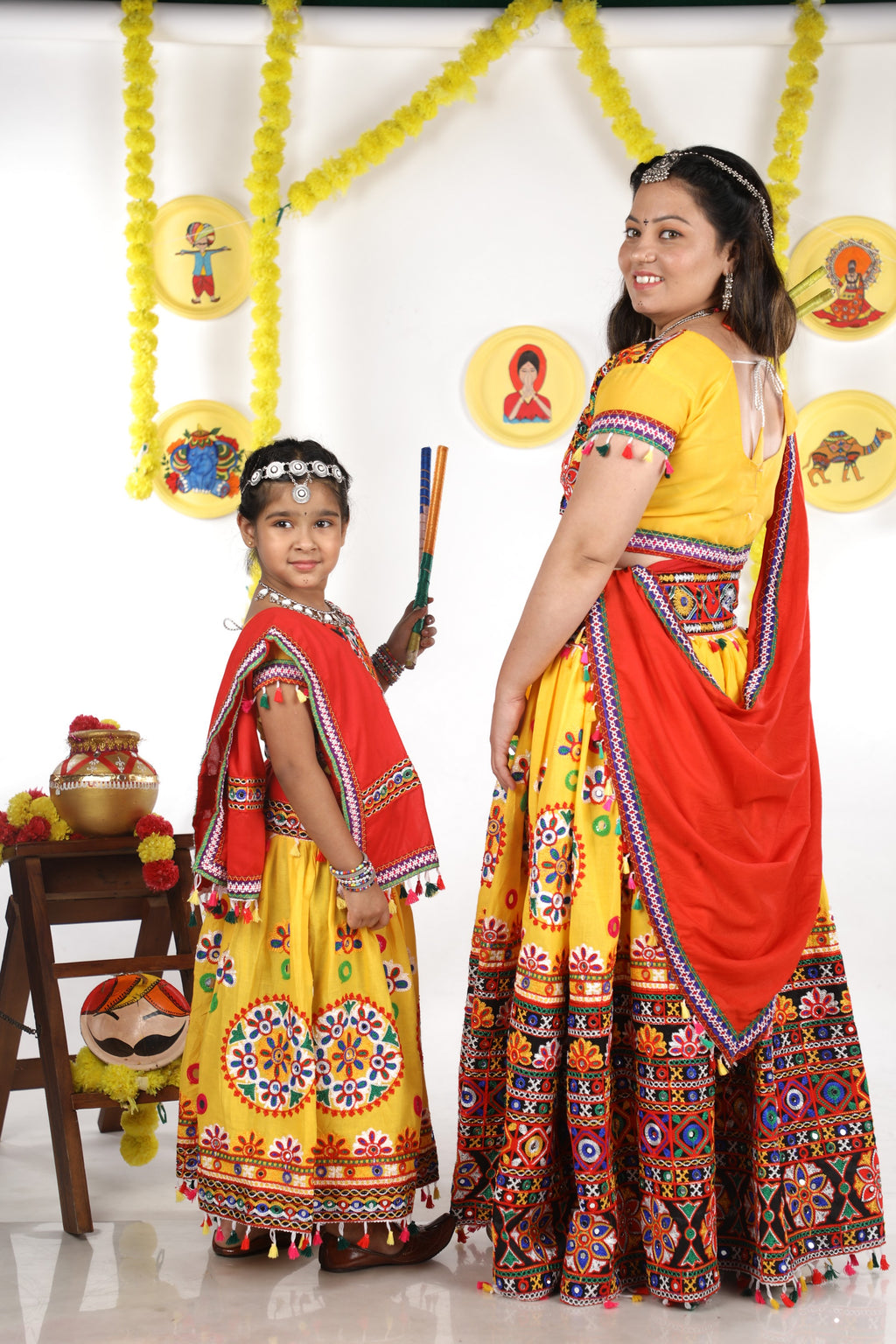 Mother-Daugther Combo Cotton Embroidered Lehenga Choli Set (RING- Combo) - Yellow
