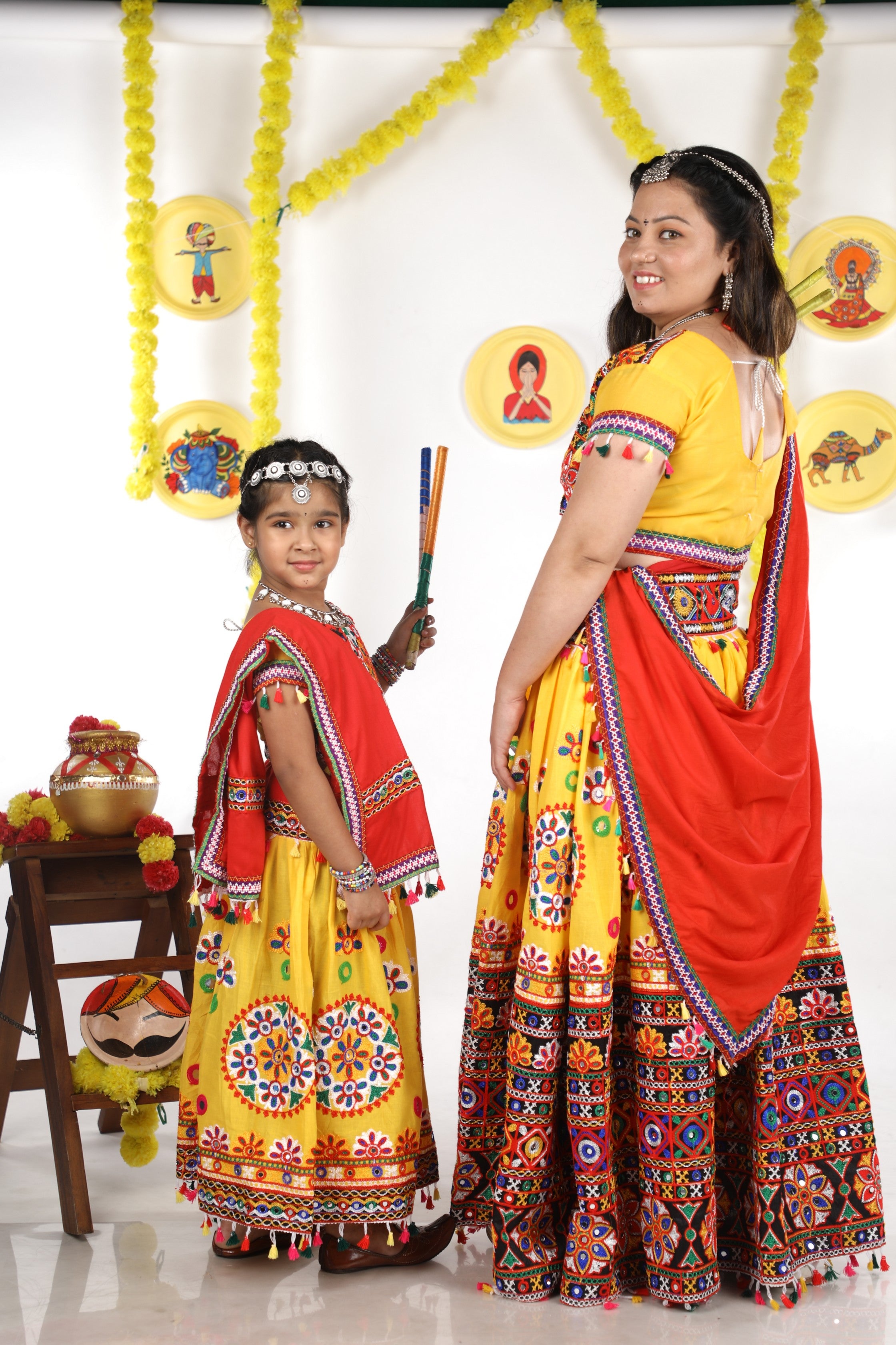 Mother-Daugther Combo Cotton Embroidered Lehenga Choli Set (RING- Combo) - Yellow