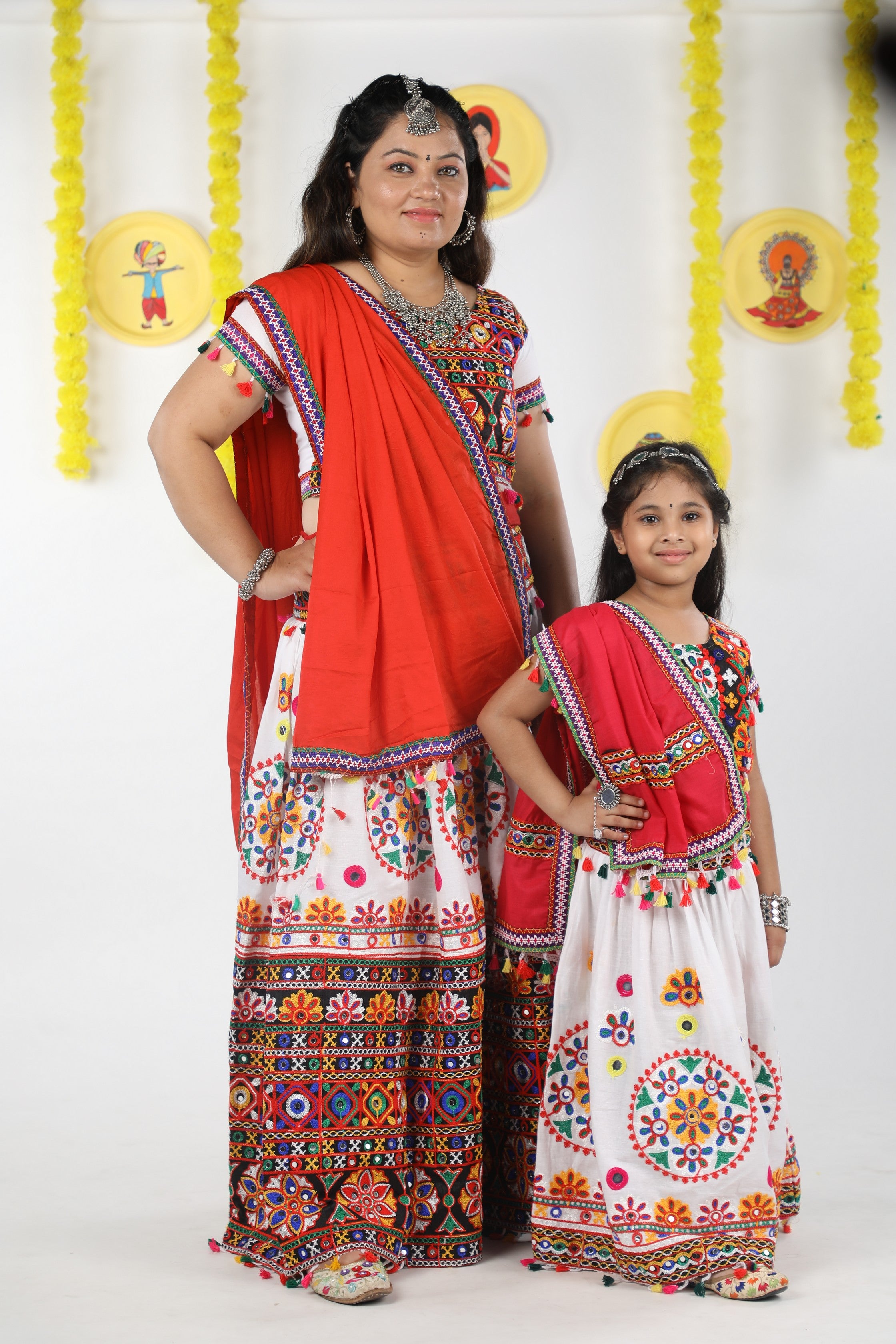 Mother-Daugther Combo Cotton Embroidered Lehenga Choli Set (RING- Combo) - White