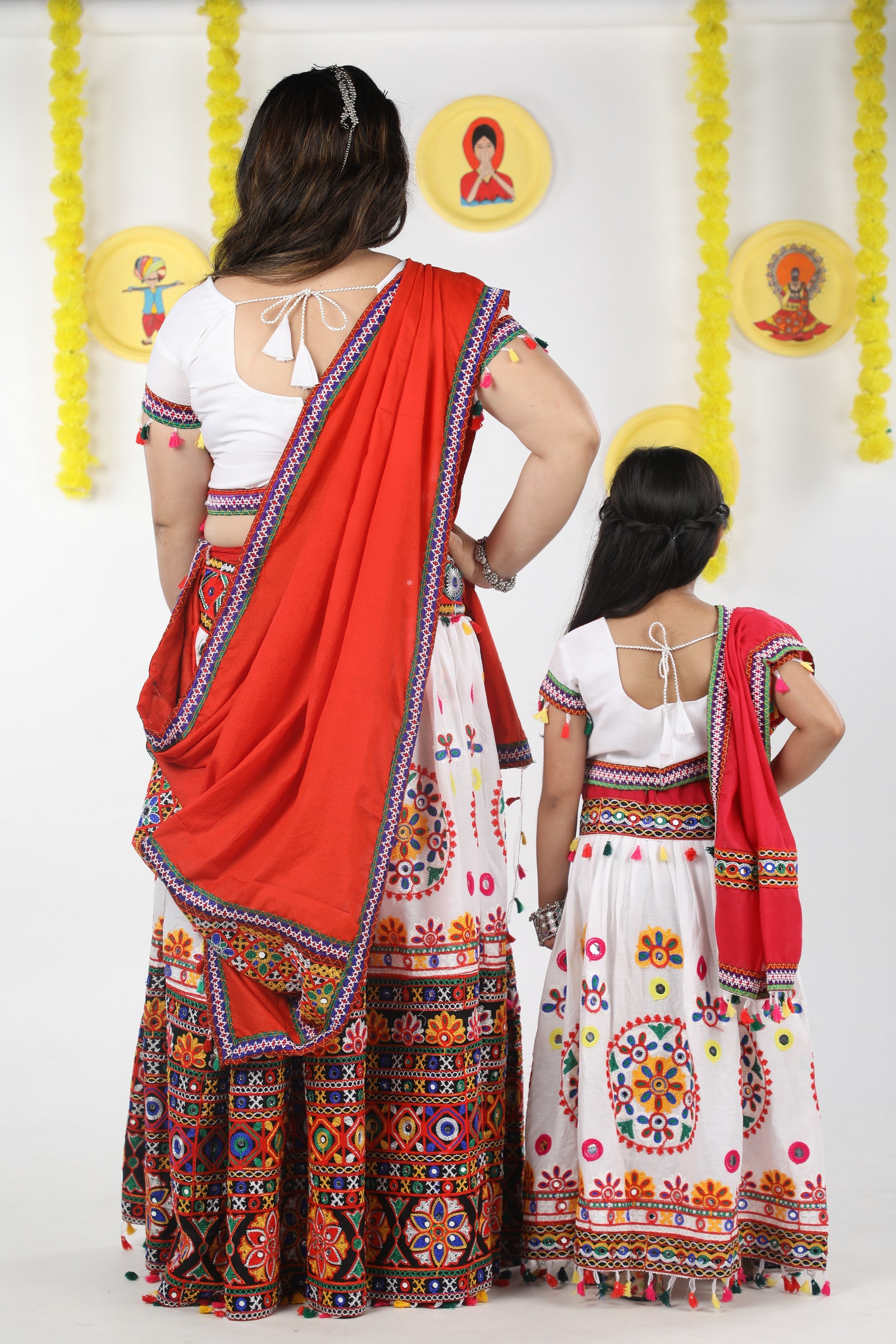 Mother-Daugther Combo Cotton Embroidered Lehenga Choli Set (RING- Combo) - White