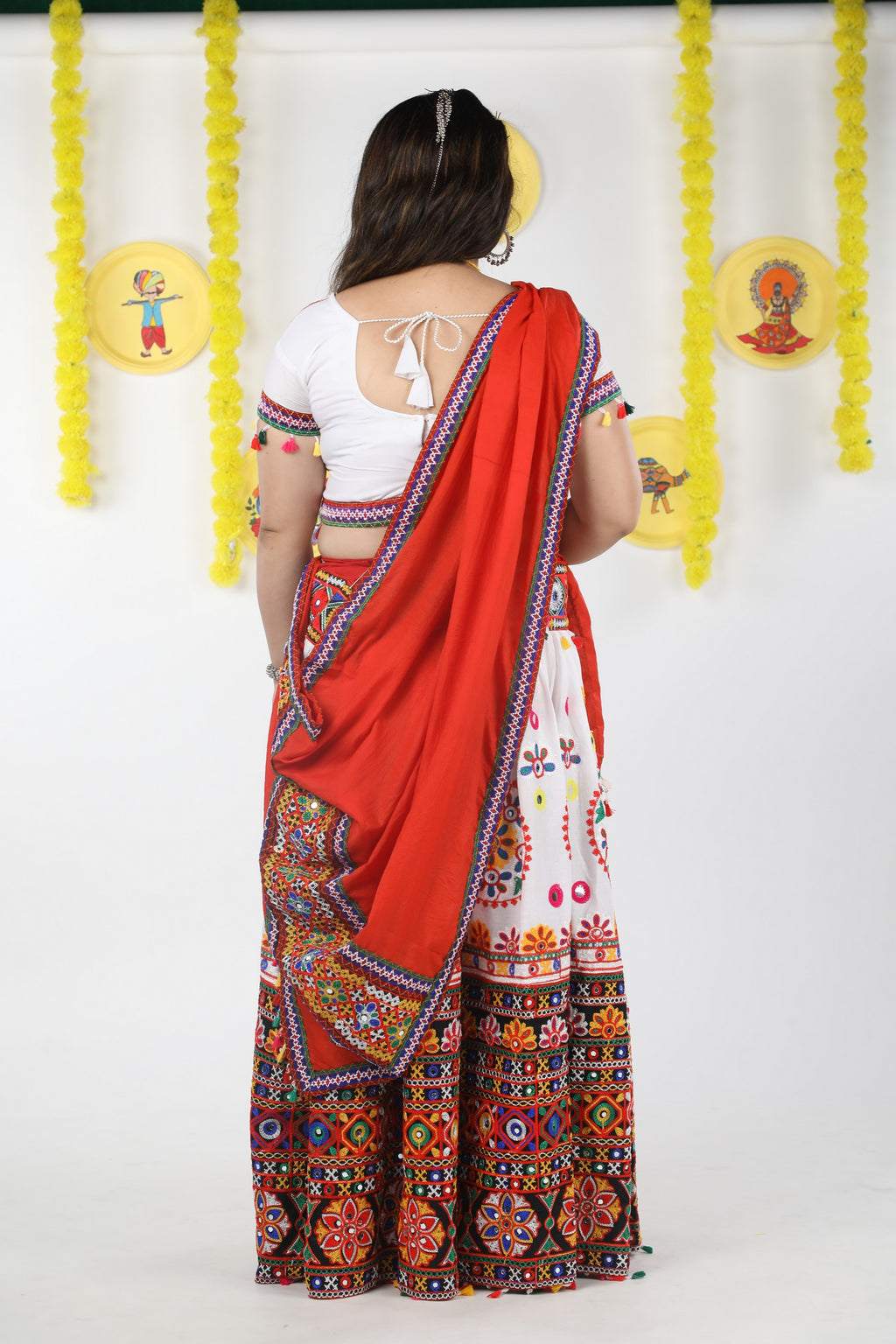 Banjara India Cotton Long Flair Aari Embroidery Kutch Work (Lehenga Choli) Chaniya Choli Set with Dupatta -(CC-RING-WHITE)