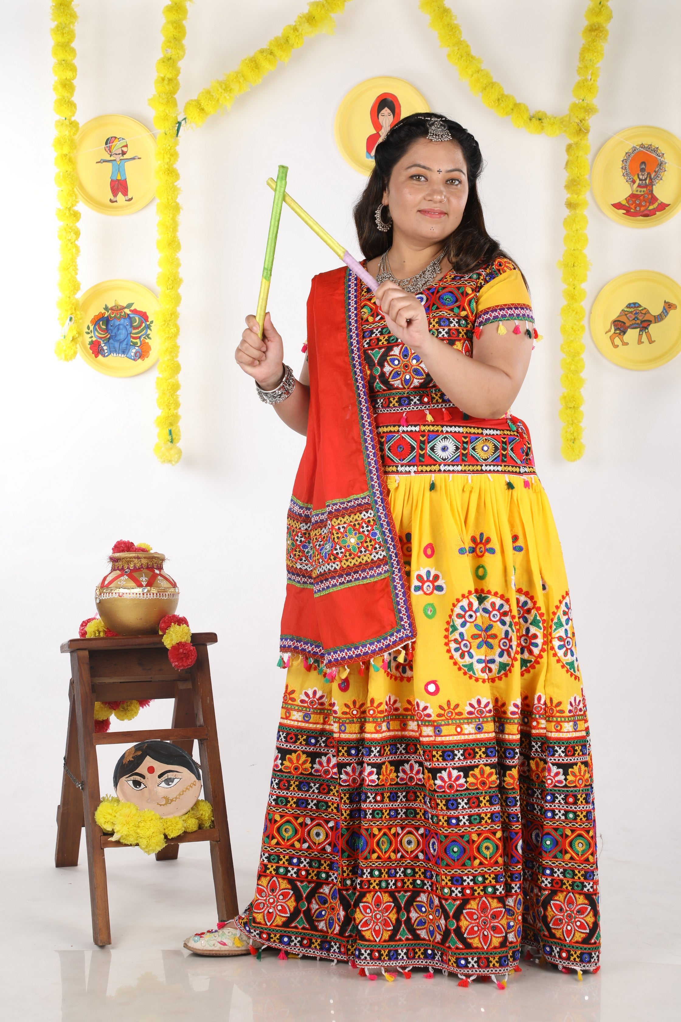 Banjara India Cotton Long Flair Aari Embroidery Kutch Work (Lehenga Choli) Chaniya Choli Set with Dupatta -(CC-RING-YELLOW)