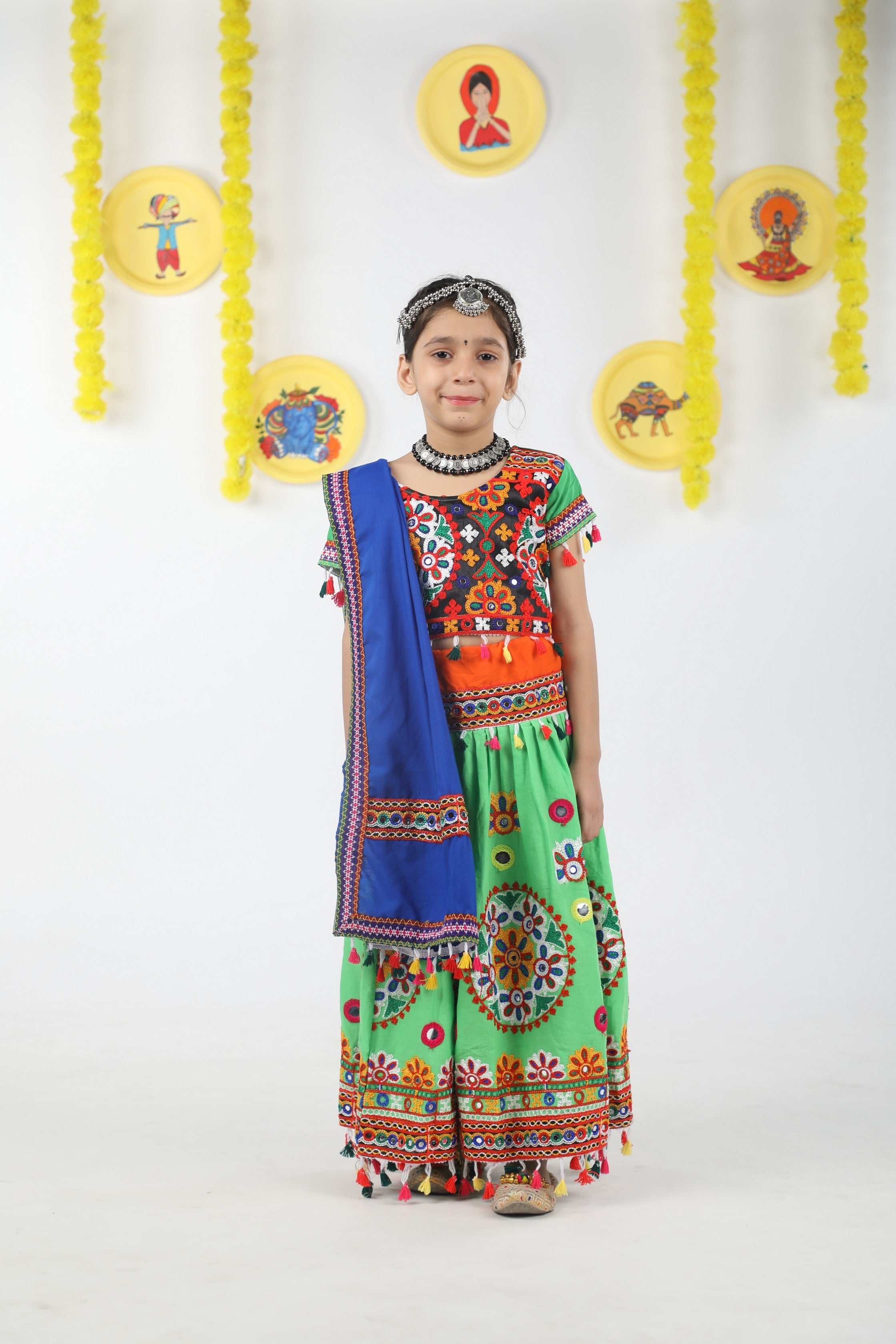 Banjara India Kutchi Emboidered Green Girls Chaniya Choli with Dupatta (CC-RING) - Green