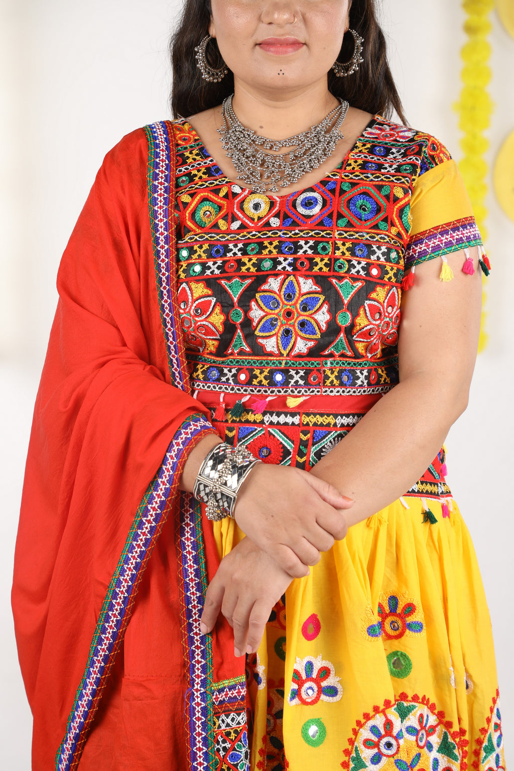 Banjara India Cotton Long Flair Aari Embroidery Kutch Work (Lehenga Choli) Chaniya Choli Set with Dupatta -(CC-RING-YELLOW)