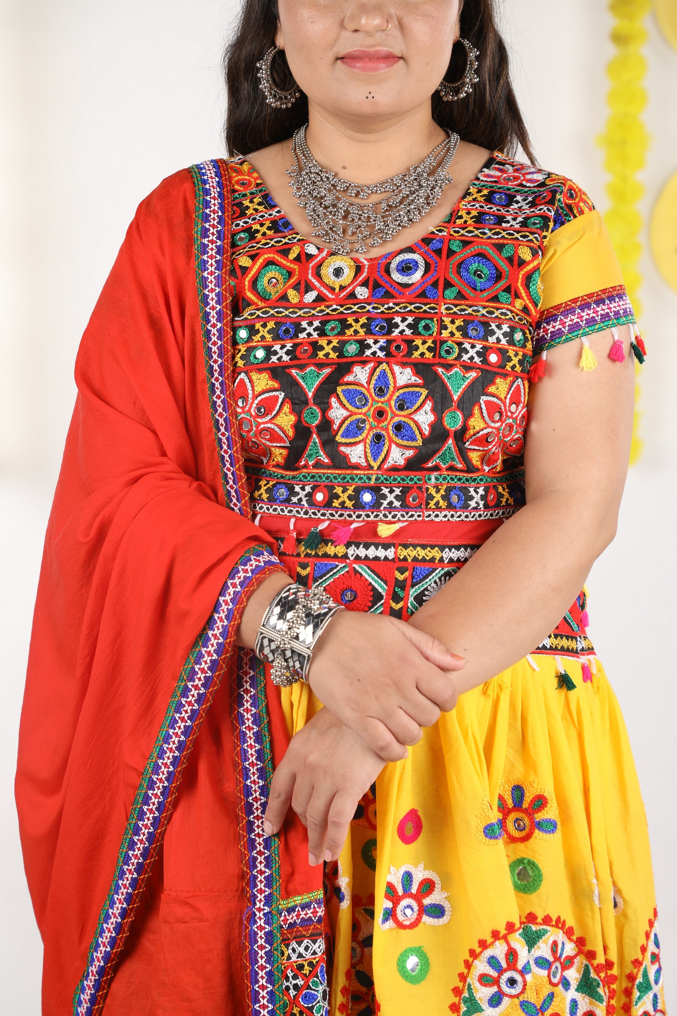 Banjara India Cotton Long Flair Aari Embroidery Kutch Work (Lehenga Choli) Chaniya Choli Set with Dupatta -(CC-RING-YELLOW)