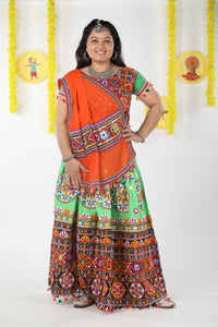 Banjara India Cotton Long Flair Aari Embroidery Kutch Work (Lehenga Choli) Chaniya Choli Set with Dupatta -(CC-RING-GREEN)
