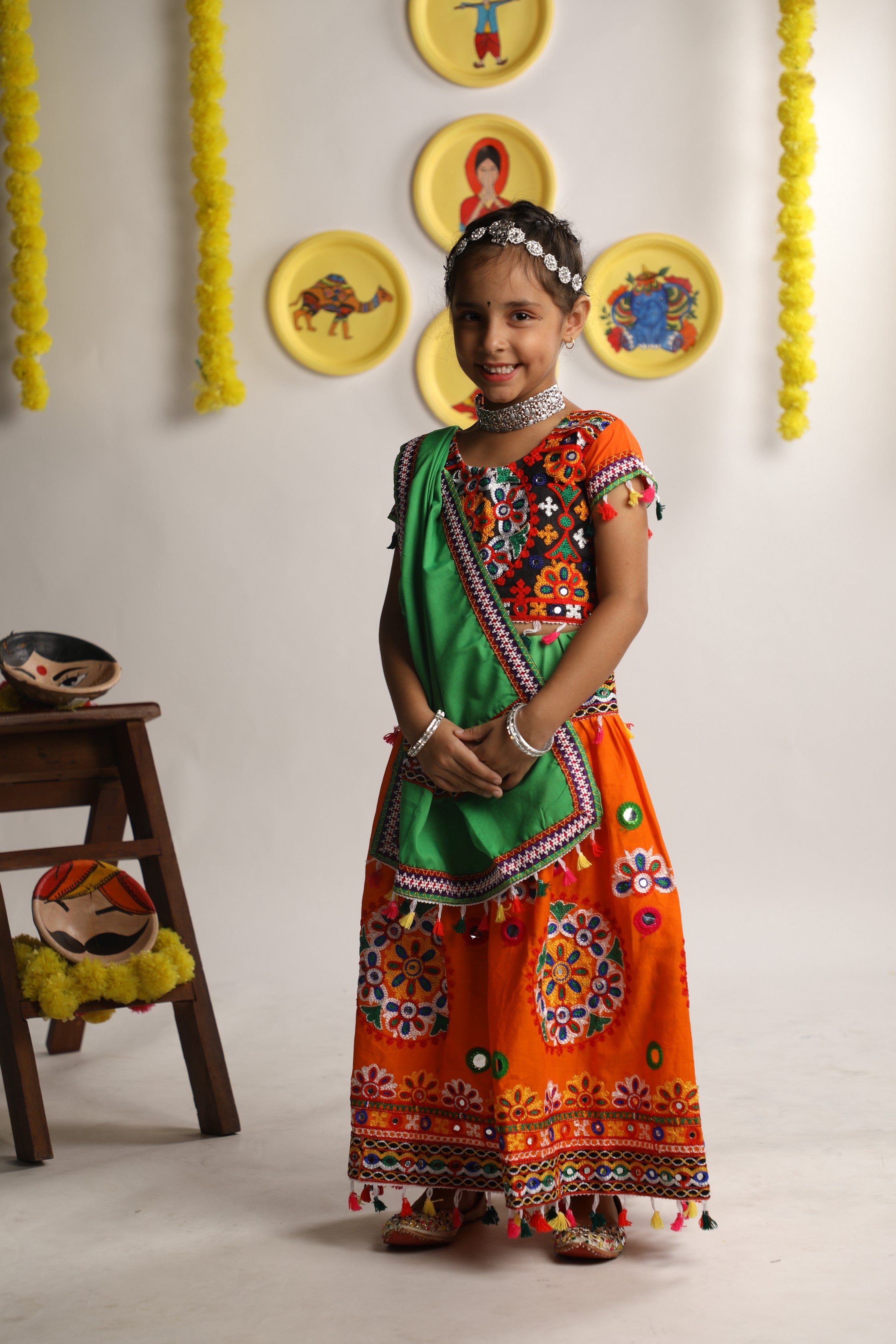 Banjara India Kutchi Emboidered Orange Girls Chaniya Choli with Dupatta (CC-RING) - ORANGE
