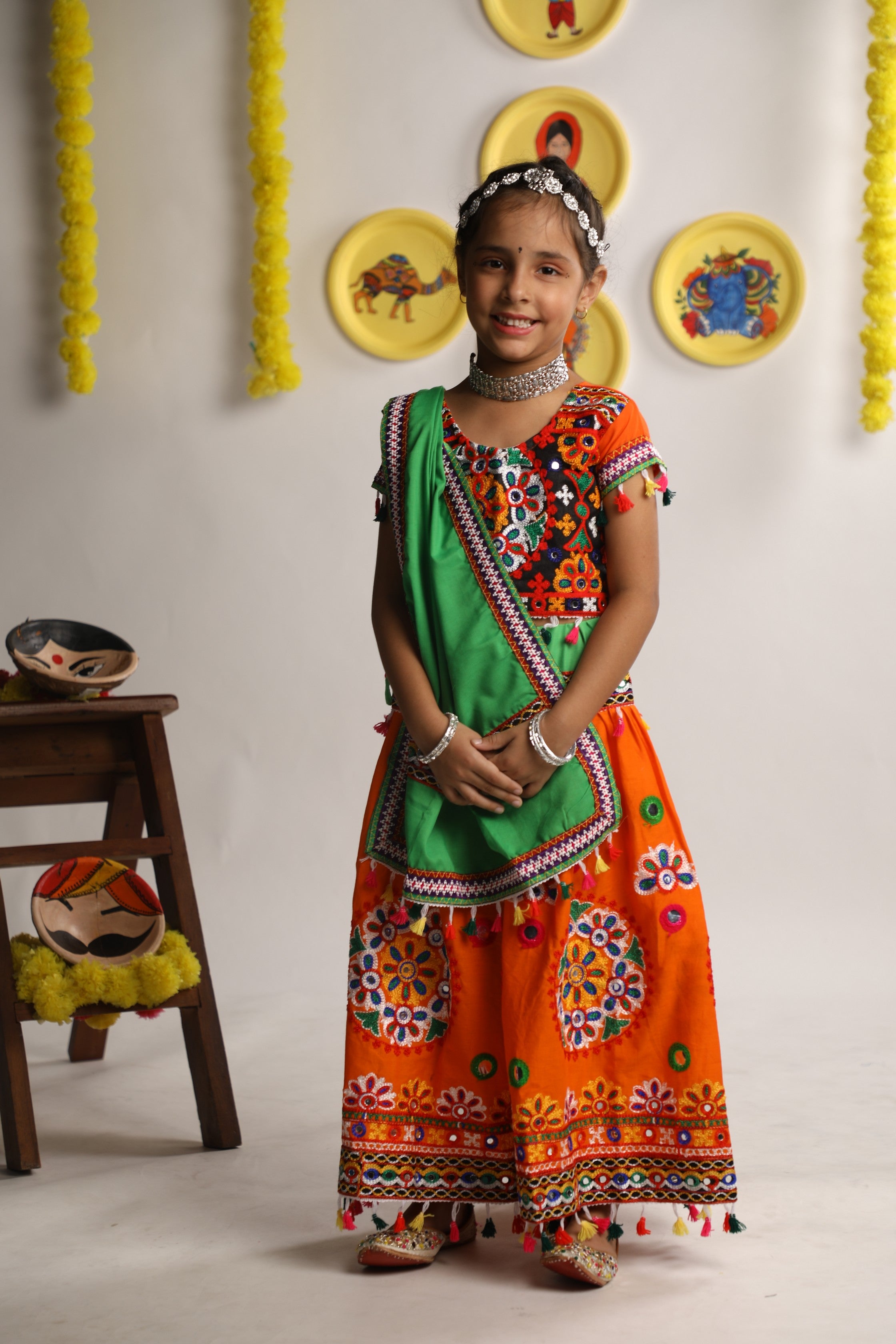 Banjara India Kutchi Emboidered Orange Girls Chaniya Choli with Dupatta (CC-RING) - ORANGE