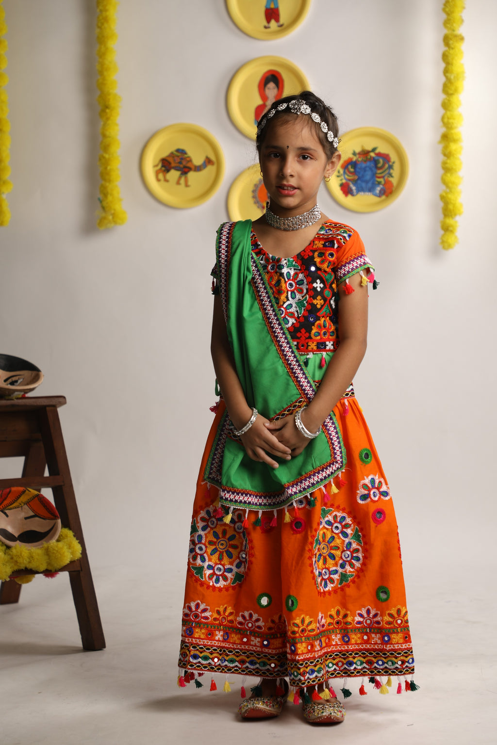 Banjara India Kutchi Emboidered Orange Girls Chaniya Choli with Dupatta (CC-RING) - ORANGE