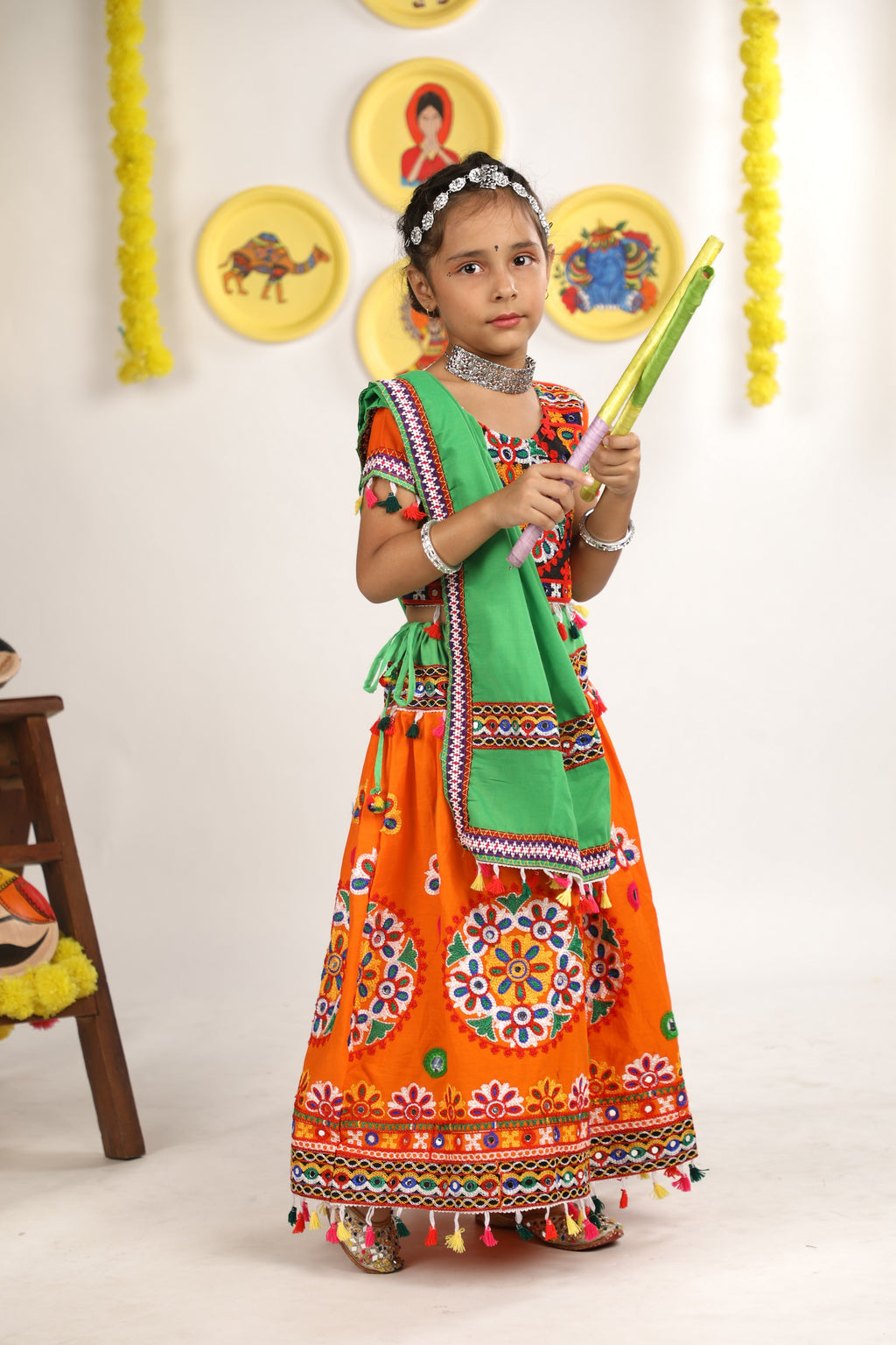 Banjara India Kutchi Emboidered Orange Girls Chaniya Choli with Dupatta (CC-RING) - ORANGE