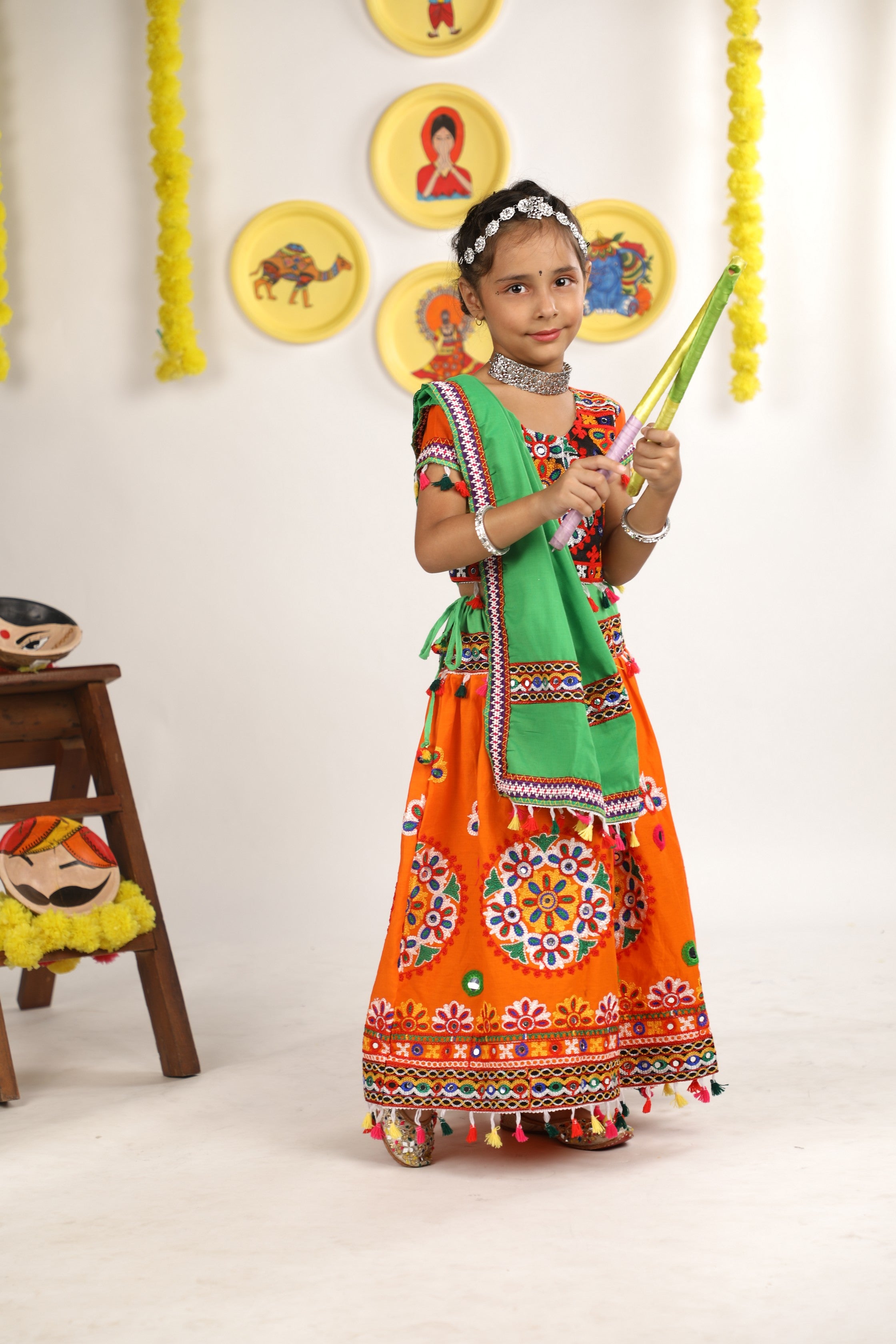 Banjara India Kutchi Emboidered Orange Girls Chaniya Choli with Dupatta (CC-RING) - ORANGE