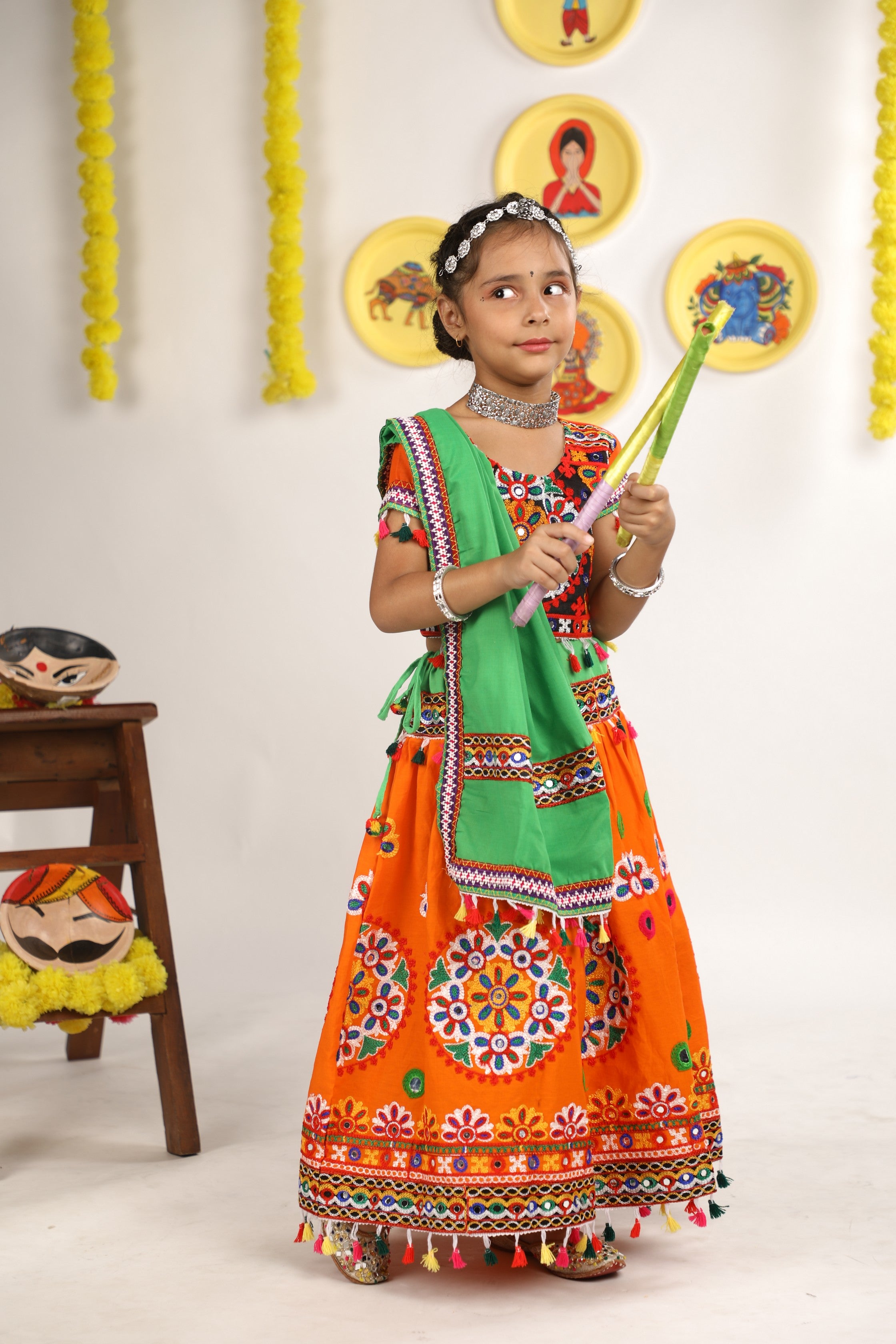 Banjara India Kutchi Emboidered Orange Girls Chaniya Choli with Dupatta (CC-RING) - ORANGE