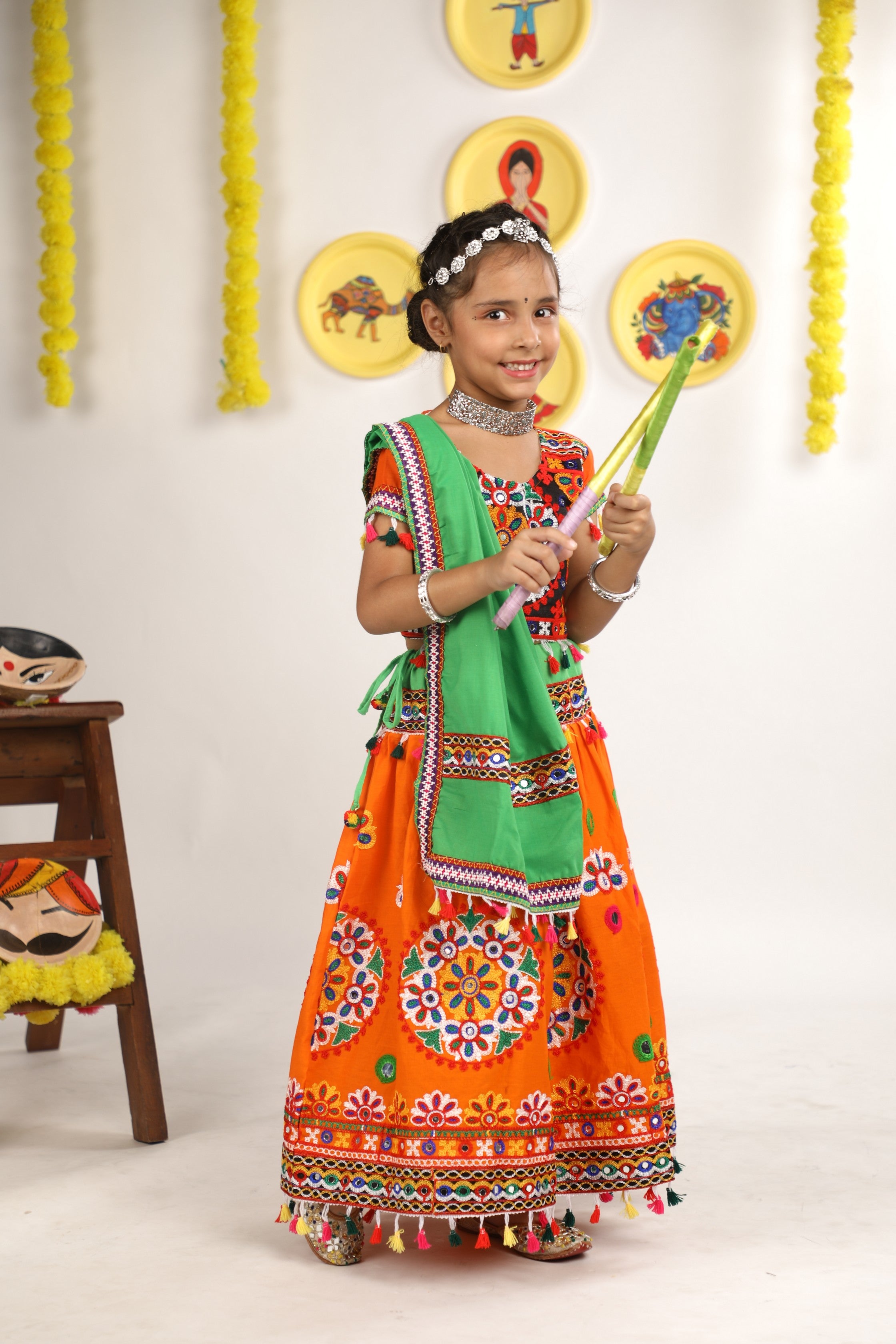 Banjara India Kutchi Emboidered Orange Girls Chaniya Choli with Dupatta (CC-RING) - ORANGE