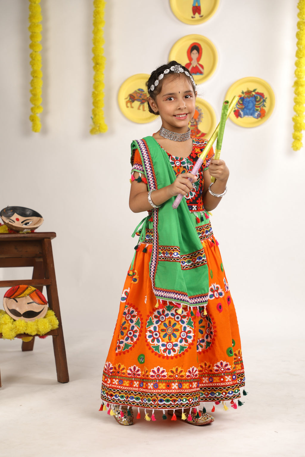 Banjara India Kutchi Emboidered Orange Girls Chaniya Choli with Dupatta (CC-RING) - ORANGE