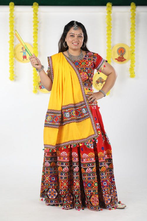 Banjara India Cotton Long Flair Aari Embroidery Kutch Work (Lehenga Choli) Chaniya Choli Set with Dupatta -(CC-RING-RED)