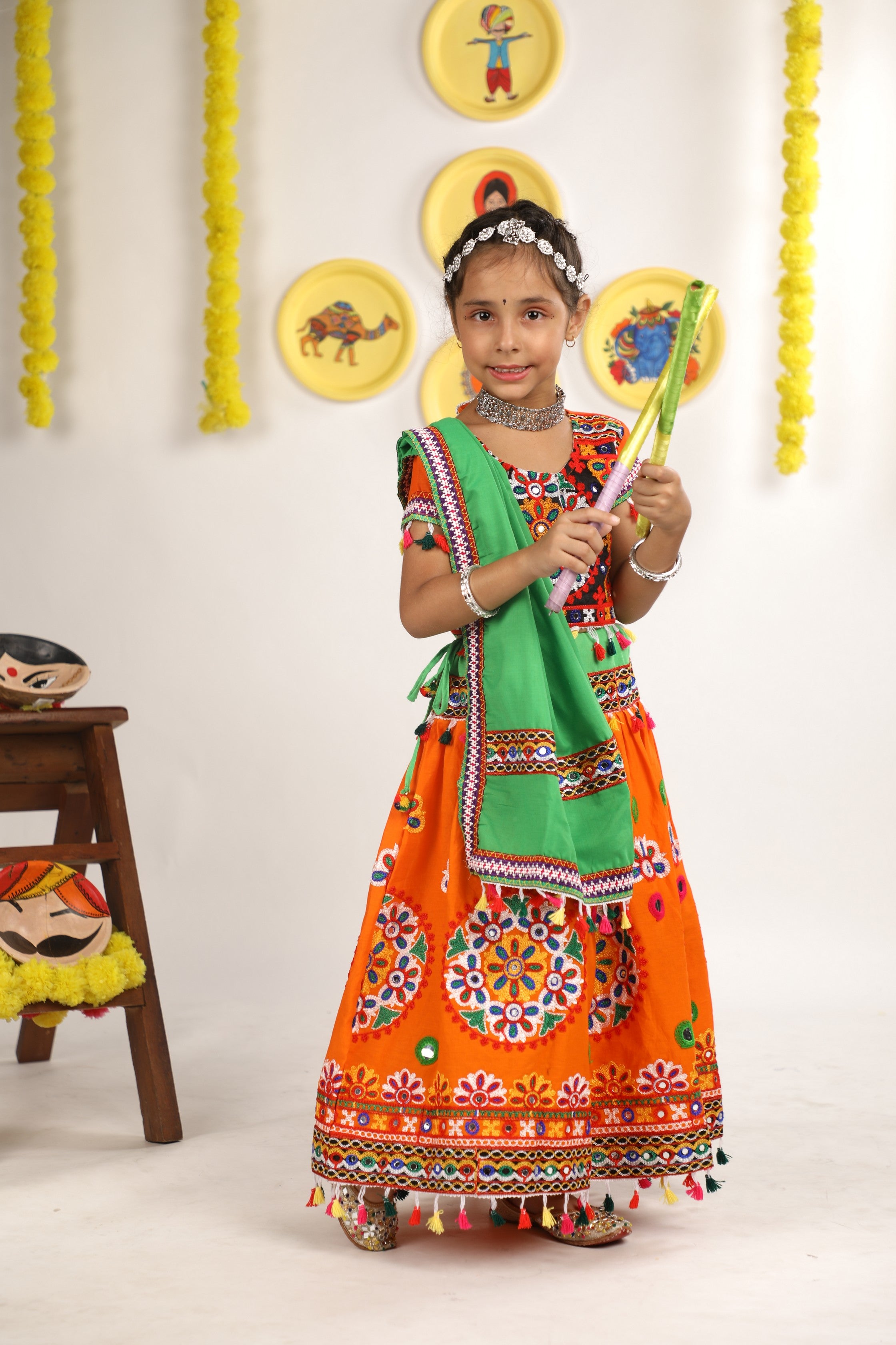 Banjara India Kutchi Emboidered Orange Girls Chaniya Choli with Dupatta (CC-RING) - ORANGE
