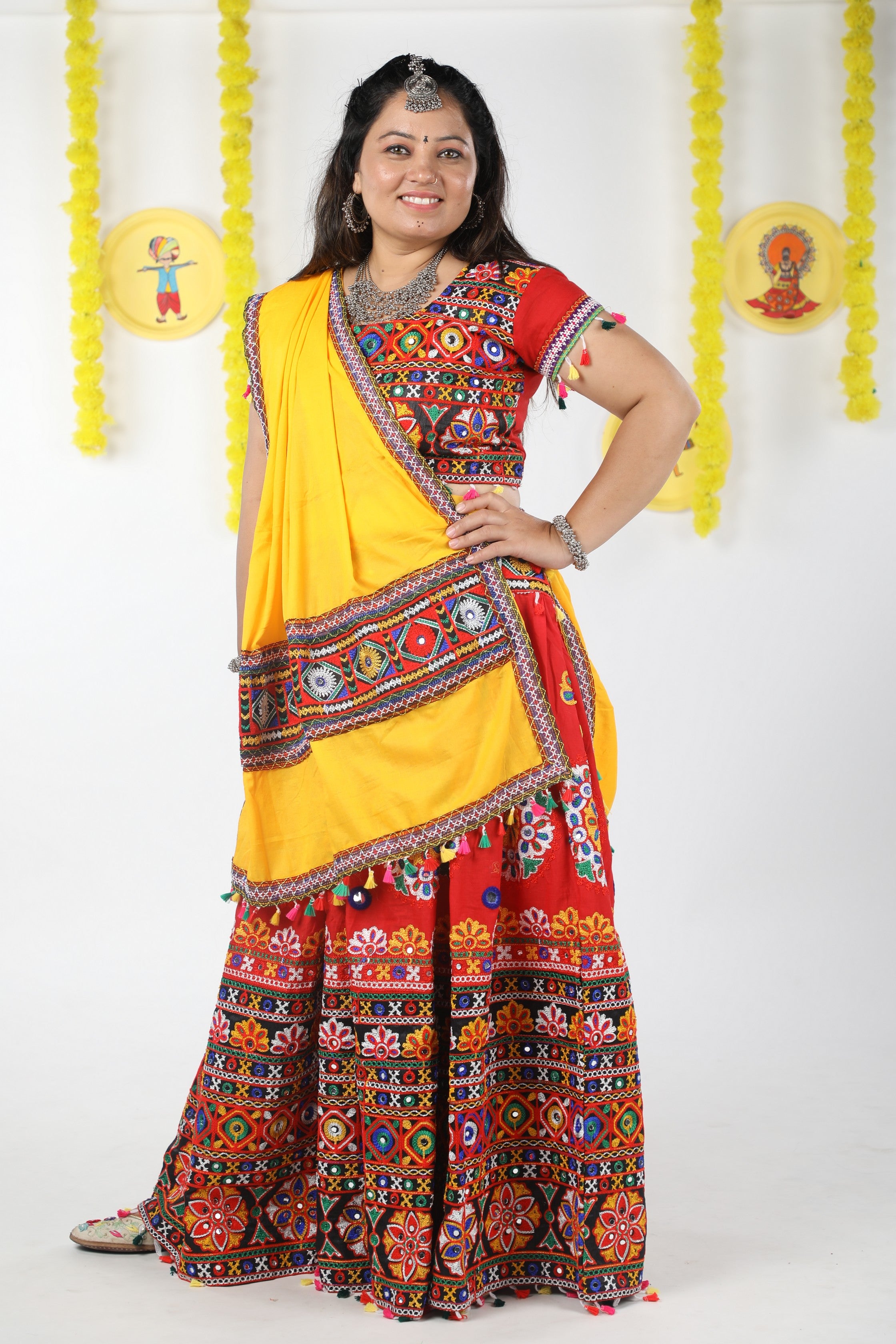 Banjara India Cotton Long Flair Aari Embroidery Kutch Work (Lehenga Choli) Chaniya Choli Set with Dupatta -(CC-RING-RED)