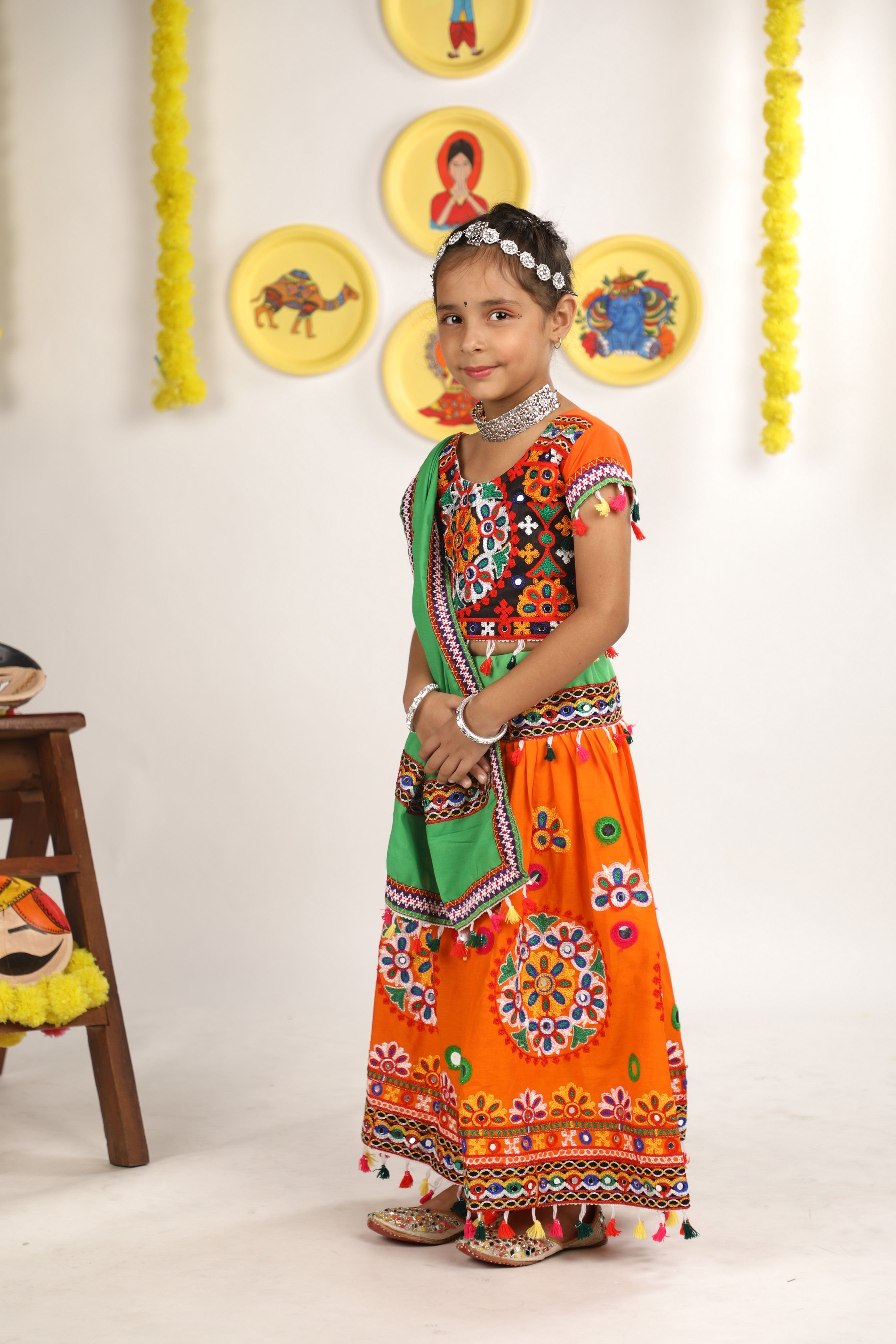 Banjara India Kutchi Emboidered Orange Girls Chaniya Choli with Dupatta (CC-RING) - ORANGE