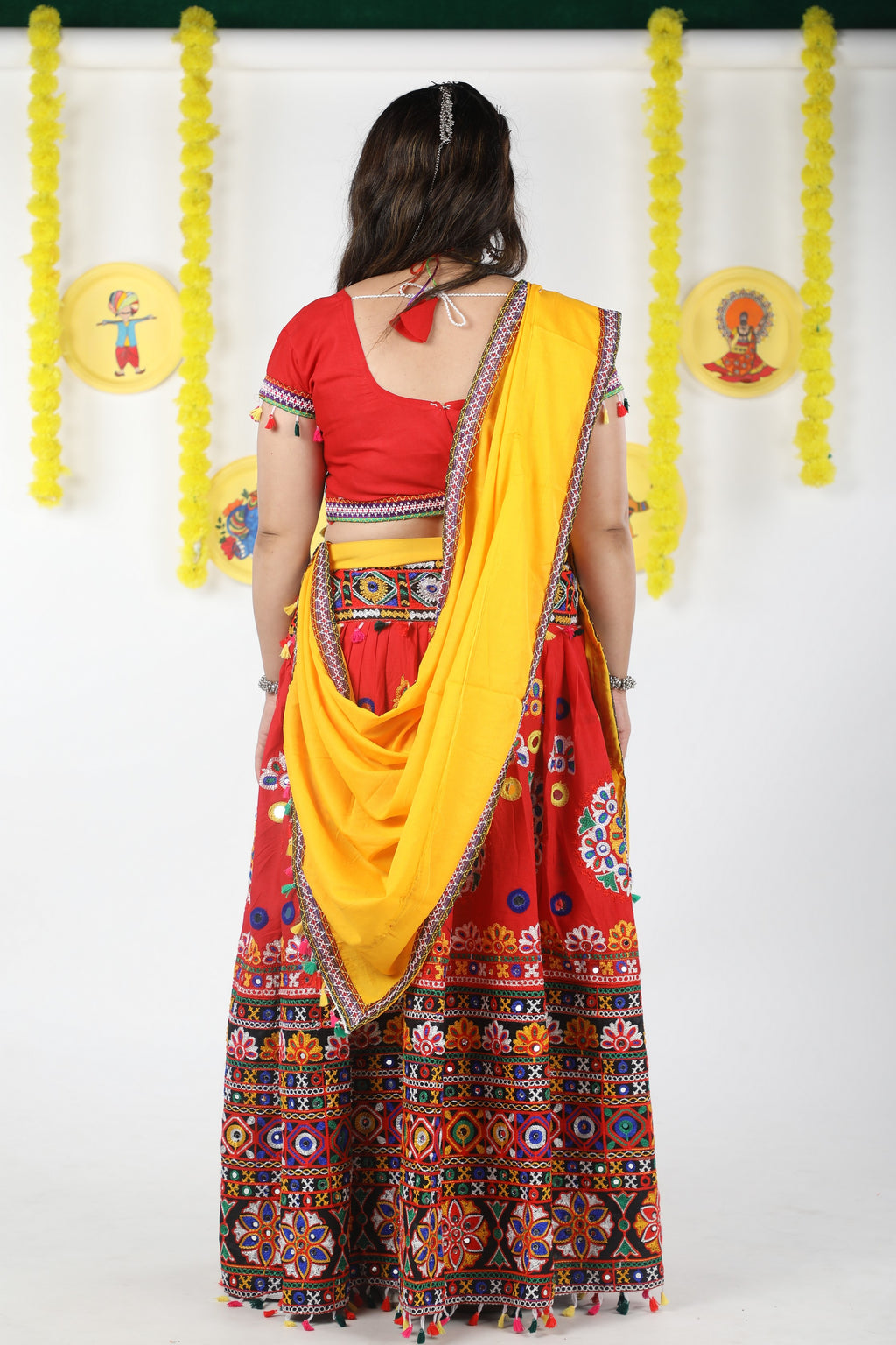 Banjara India Cotton Long Flair Aari Embroidery Kutch Work (Lehenga Choli) Chaniya Choli Set with Dupatta -(CC-RING-RED)