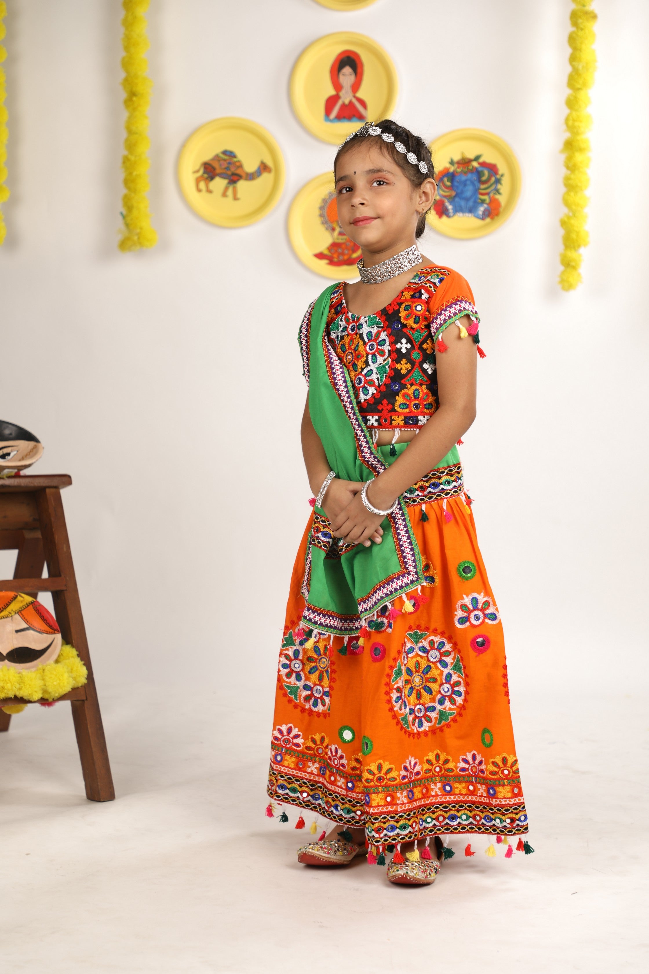 Banjara India Kutchi Emboidered Orange Girls Chaniya Choli with Dupatta (CC-RING) - ORANGE