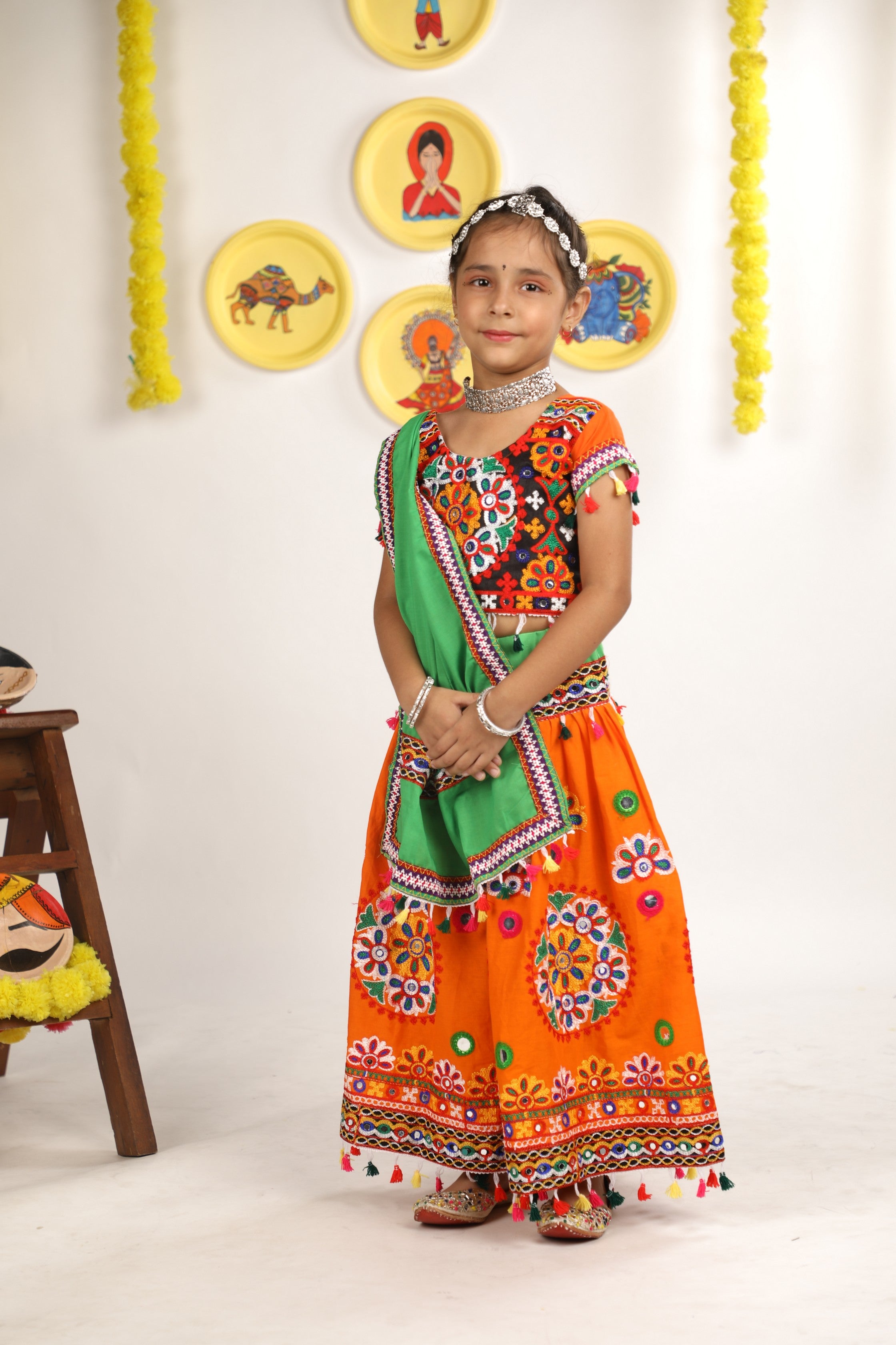 Banjara India Kutchi Emboidered Orange Girls Chaniya Choli with Dupatta (CC-RING) - ORANGE