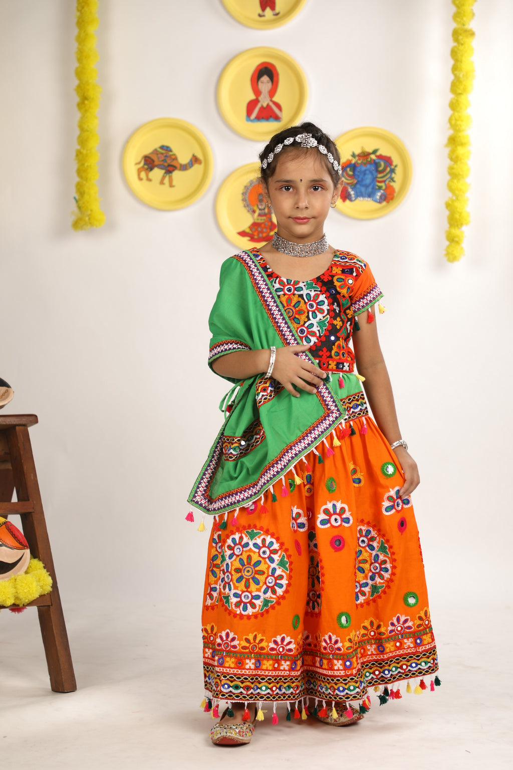 Banjara India Kutchi Emboidered Orange Girls Chaniya Choli with Dupatta (CC-RING) - ORANGE