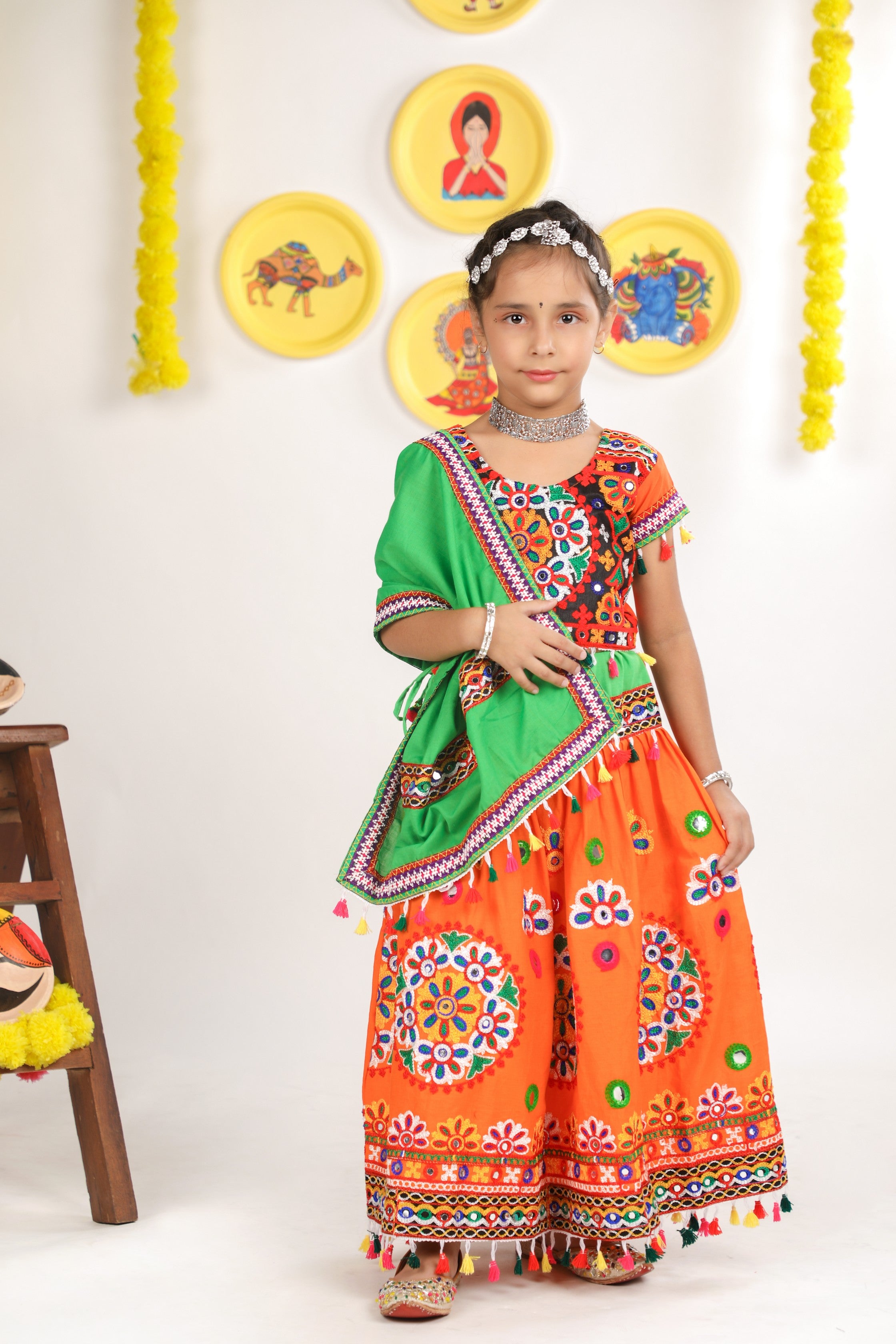 Mother-Daugther Combo Cotton Embroidered Lehenga Choli Set (RING- Combo) - Orange