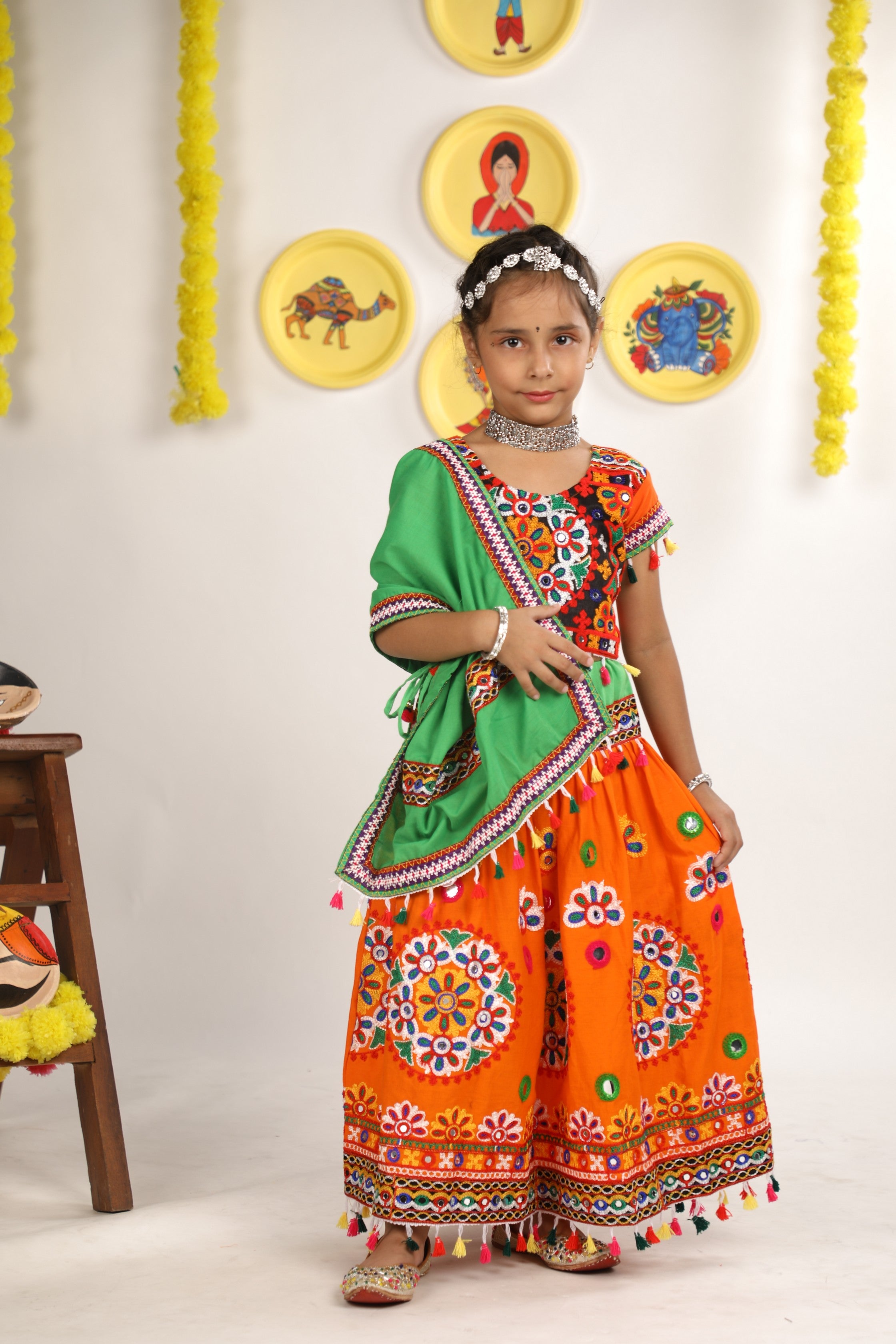 Banjara India Kutchi Emboidered Orange Girls Chaniya Choli with Dupatta (CC-RING) - ORANGE