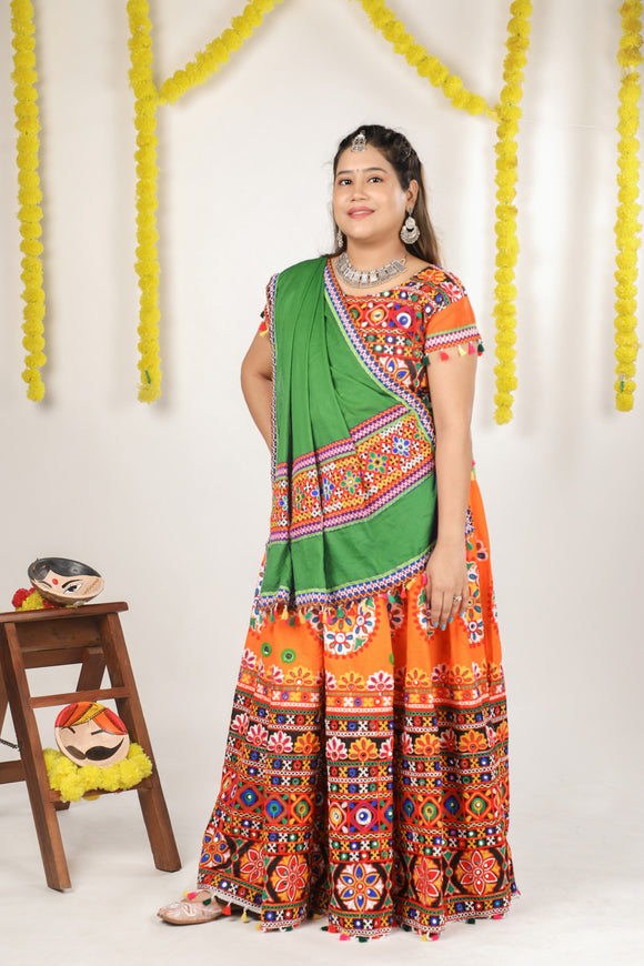 Banjara India Cotton Long Flair Aari Embroidery Kutch Work (Lehenga Choli) Chaniya Choli Set with Dupatta -(CC-RING-ORANGE)