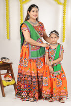 Mother-Daugther Combo Cotton Embroidered Lehenga Choli Set (RING- Combo) - Orange