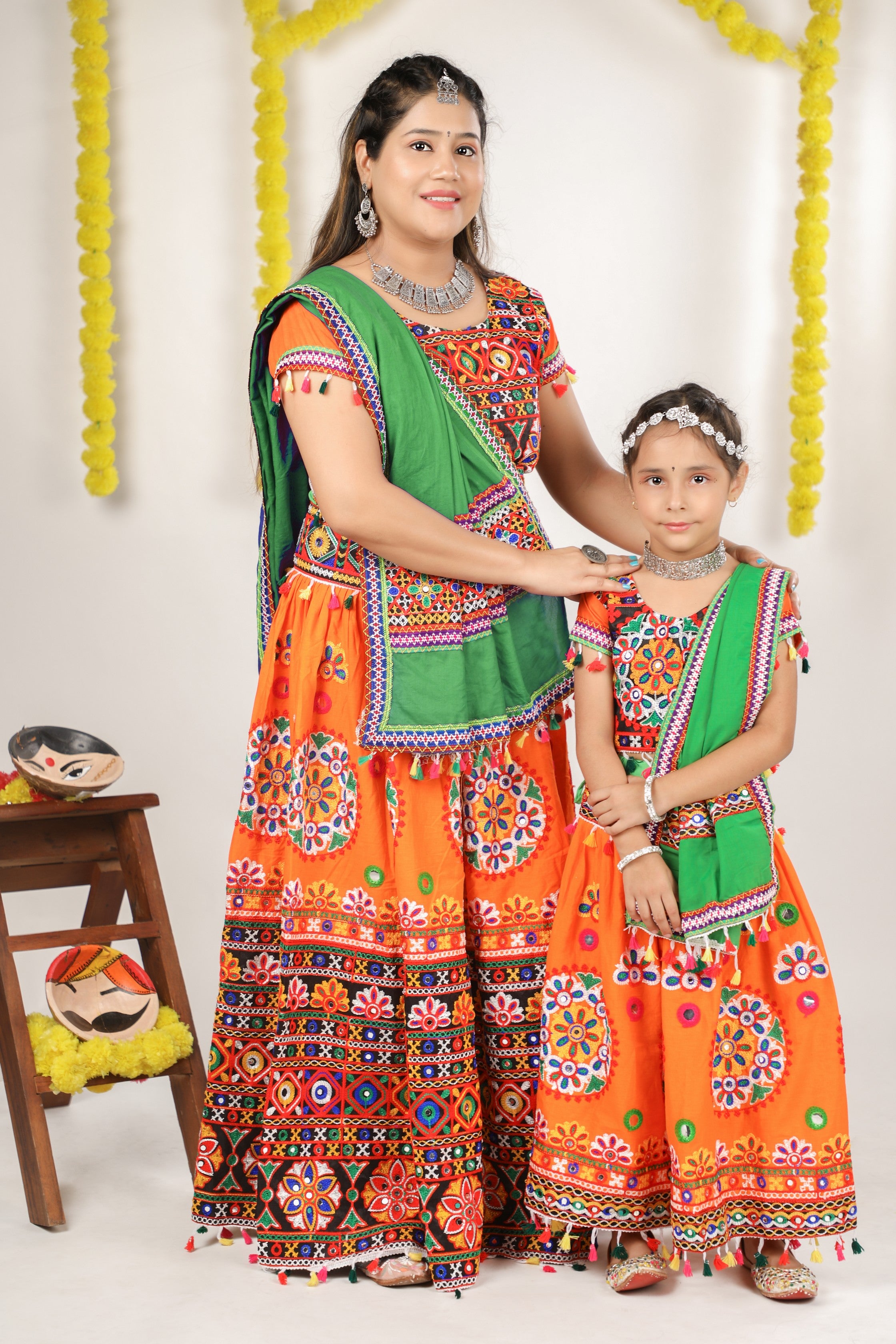 Mother-Daugther Combo Cotton Embroidered Lehenga Choli Set (RING- Combo) - Orange
