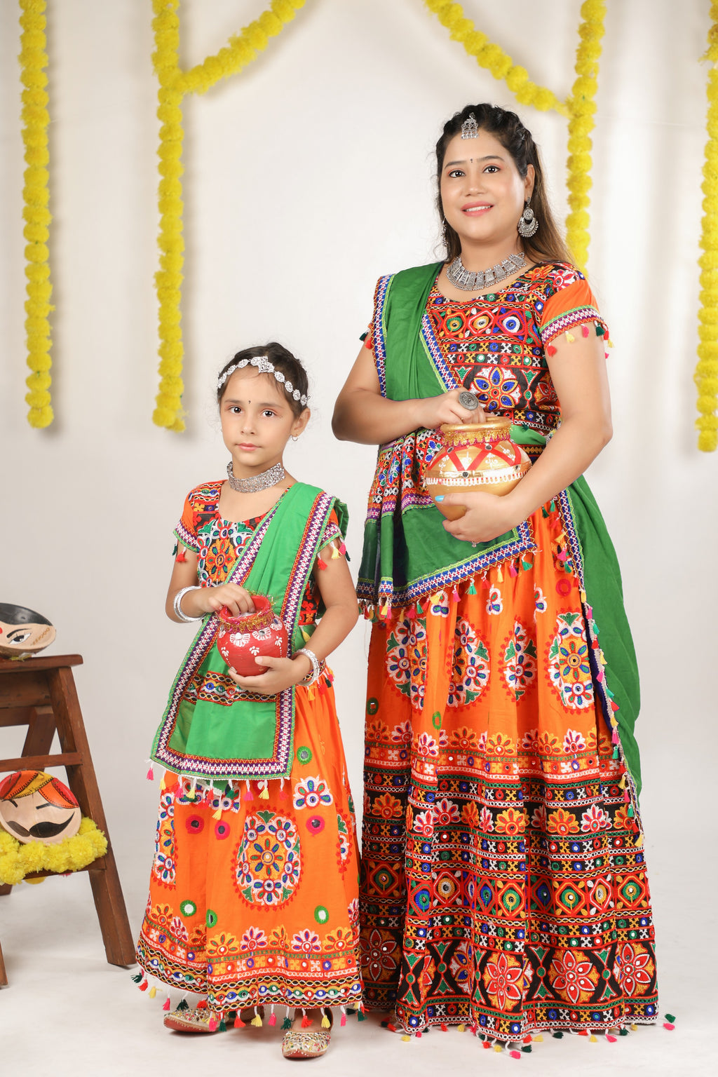 Mother-Daugther Combo Cotton Embroidered Lehenga Choli Set (RING- Combo) - Orange