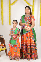 Mother-Daugther Combo Cotton Embroidered Lehenga Choli Set (RING- Combo) - Orange