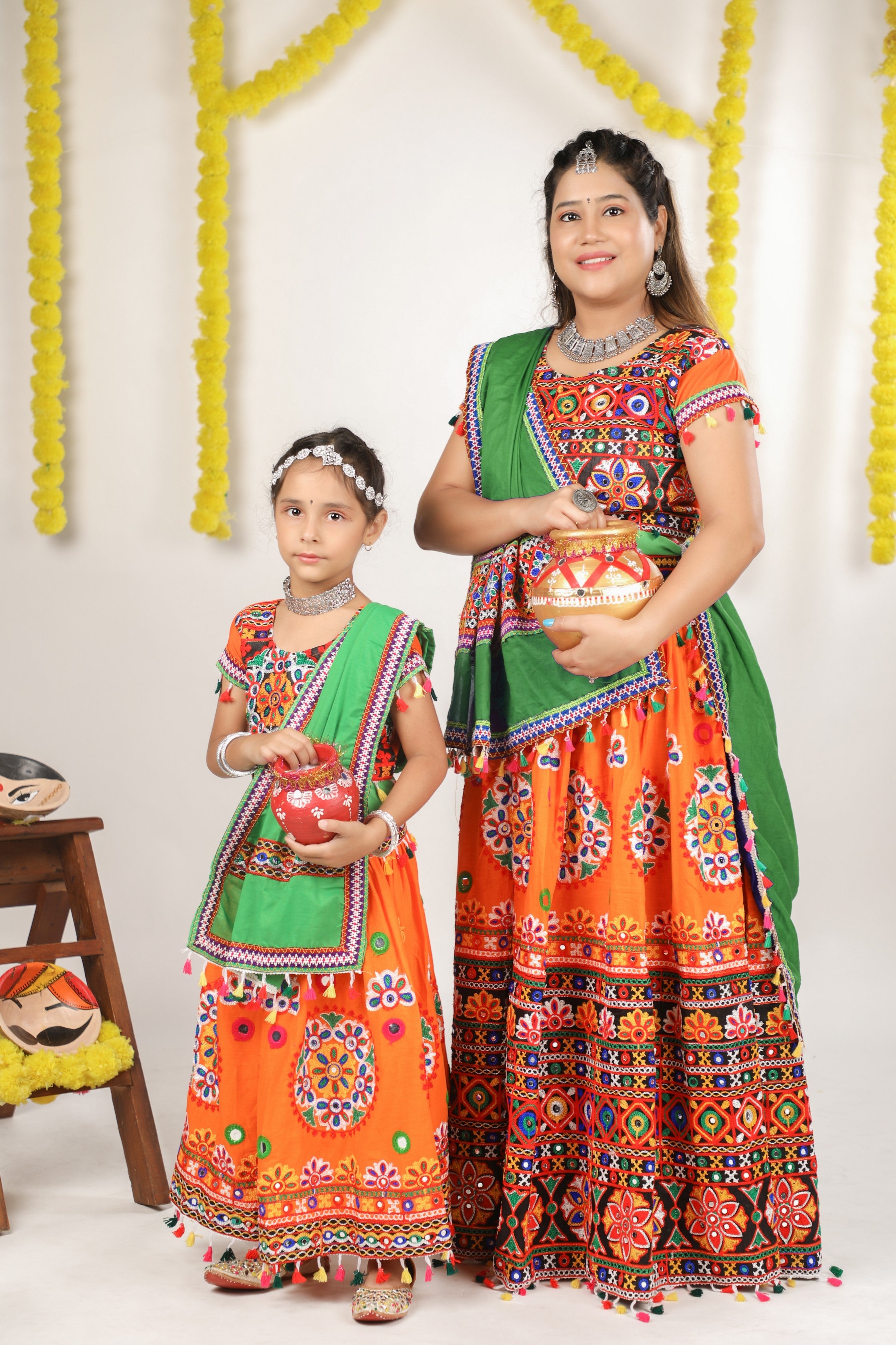 Mother-Daugther Combo Cotton Embroidered Lehenga Choli Set (RING- Combo) - Orange