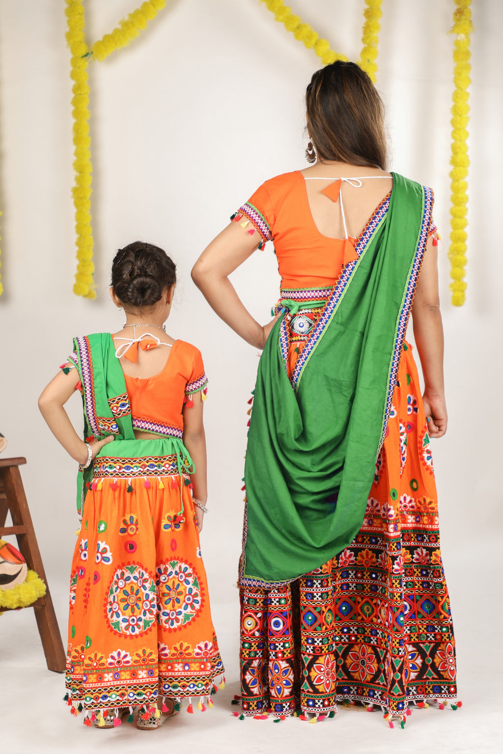 Mother-Daugther Combo Cotton Embroidered Lehenga Choli Set (RING- Combo) - Orange