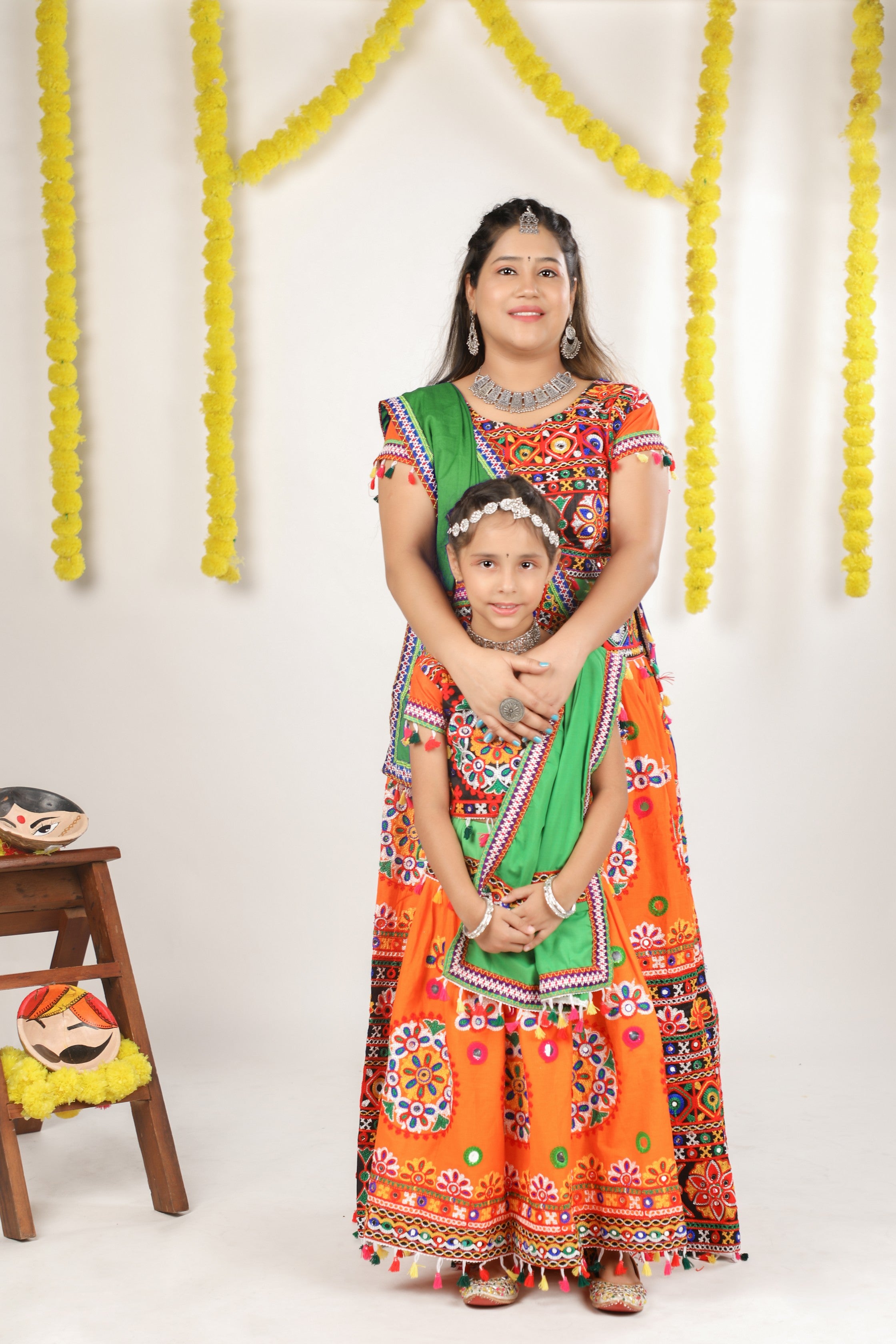 Mother-Daugther Combo Cotton Embroidered Lehenga Choli Set (RING- Combo) - Orange