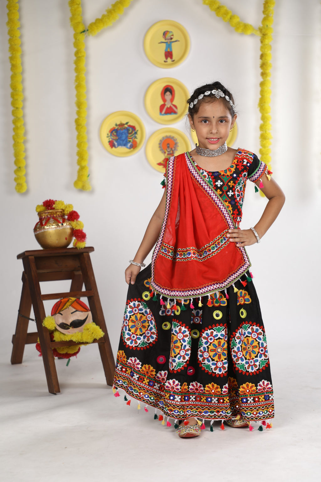Banjara India Kutchi Emboidered Black Girls Chaniya Choli with Dupatta (CC-RING) - Black