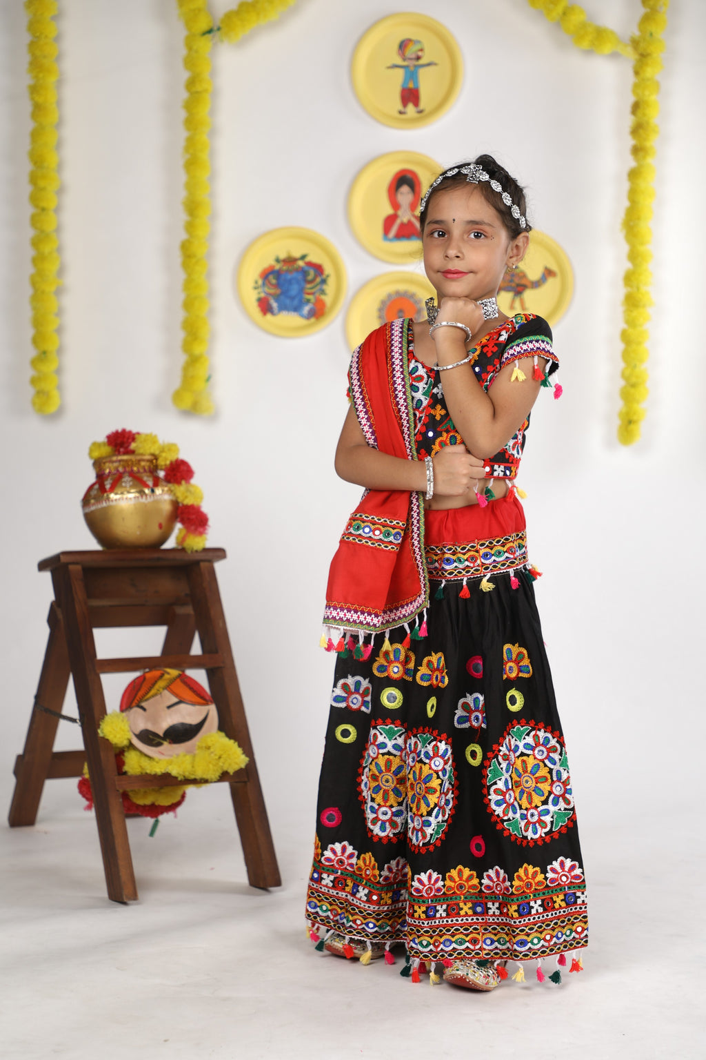 Banjara India Kutchi Emboidered Black Girls Chaniya Choli with Dupatta (CC-RING) - Black