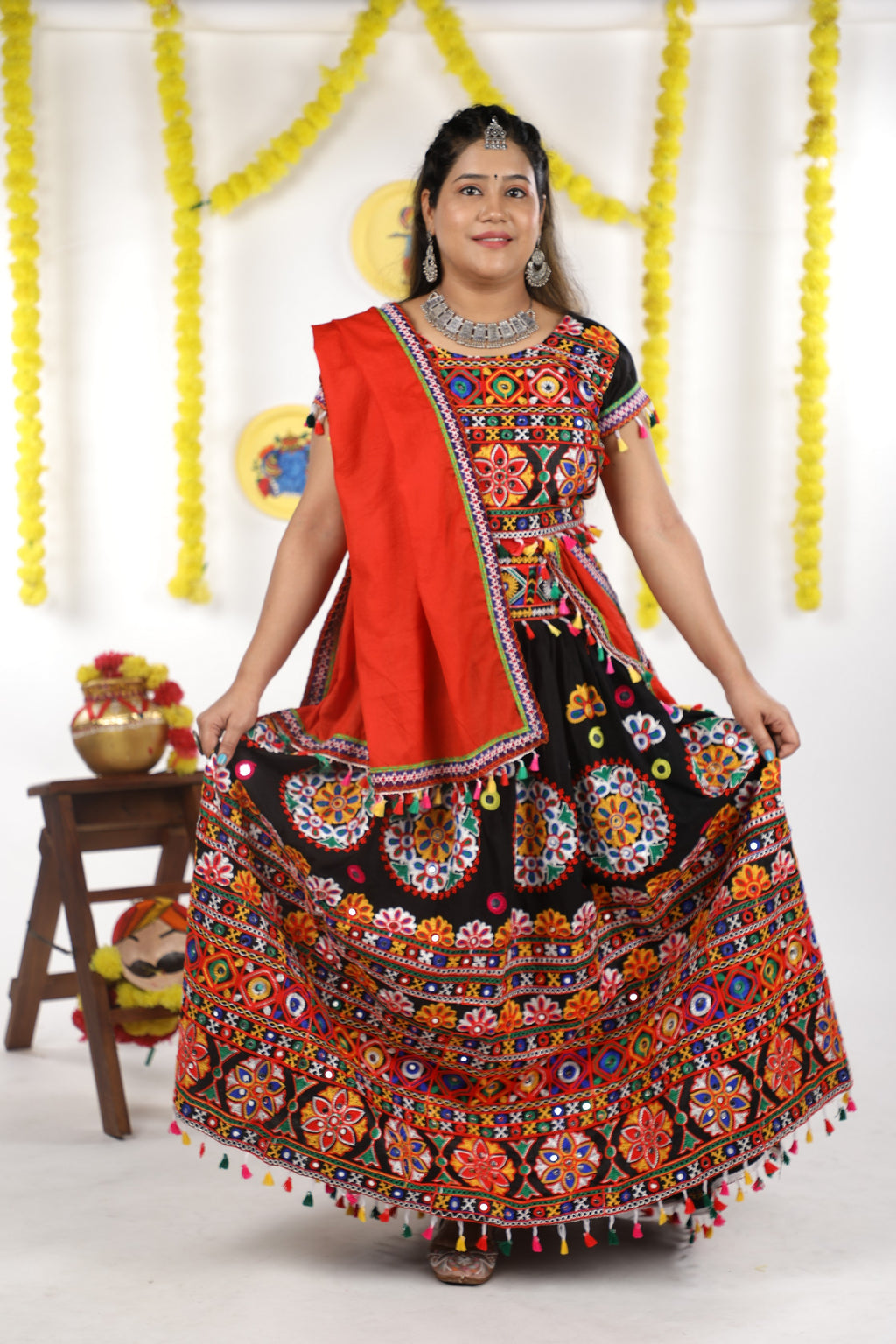 Mother-Daugther Combo Cotton Embroidered Lehenga Choli Set (RING- Combo) - Black