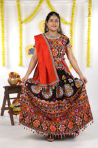 Mother-Daugther Combo Cotton Embroidered Lehenga Choli Set (RING- Combo) - Black
