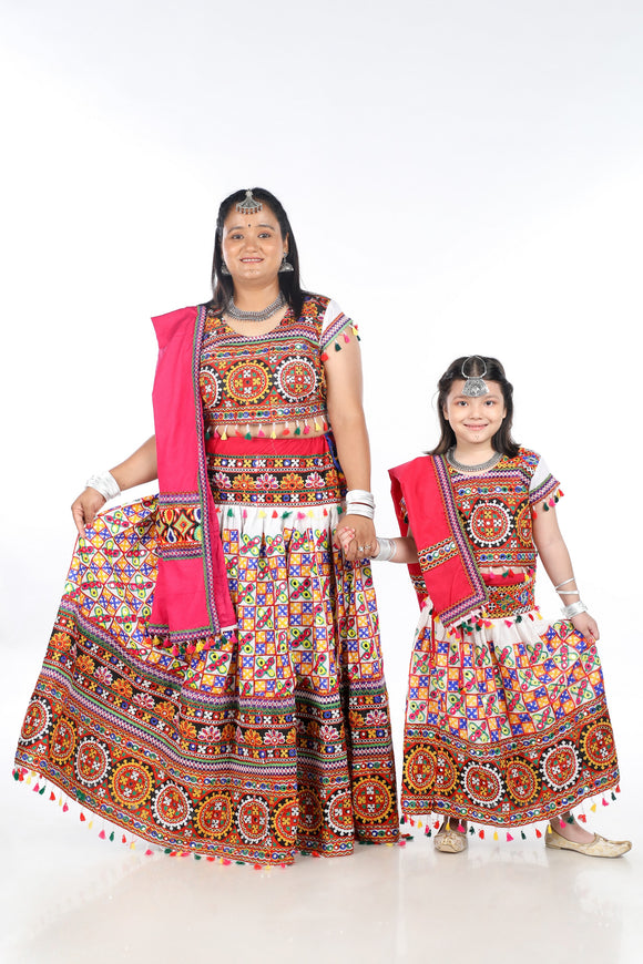 Mother-Daugther Combo Cotton Embroidered Lehenga Choli Set (BWR- Combo) - White