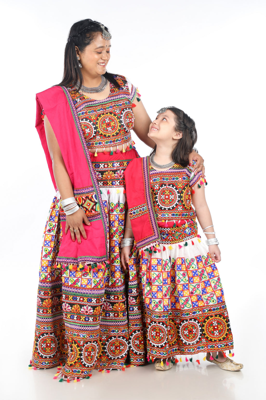 Mother-Daugther Combo Cotton Embroidered Lehenga Choli Set (BWR- Combo) - White