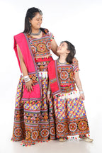 Mother-Daugther Combo Cotton Embroidered Lehenga Choli Set (BWR- Combo) - White